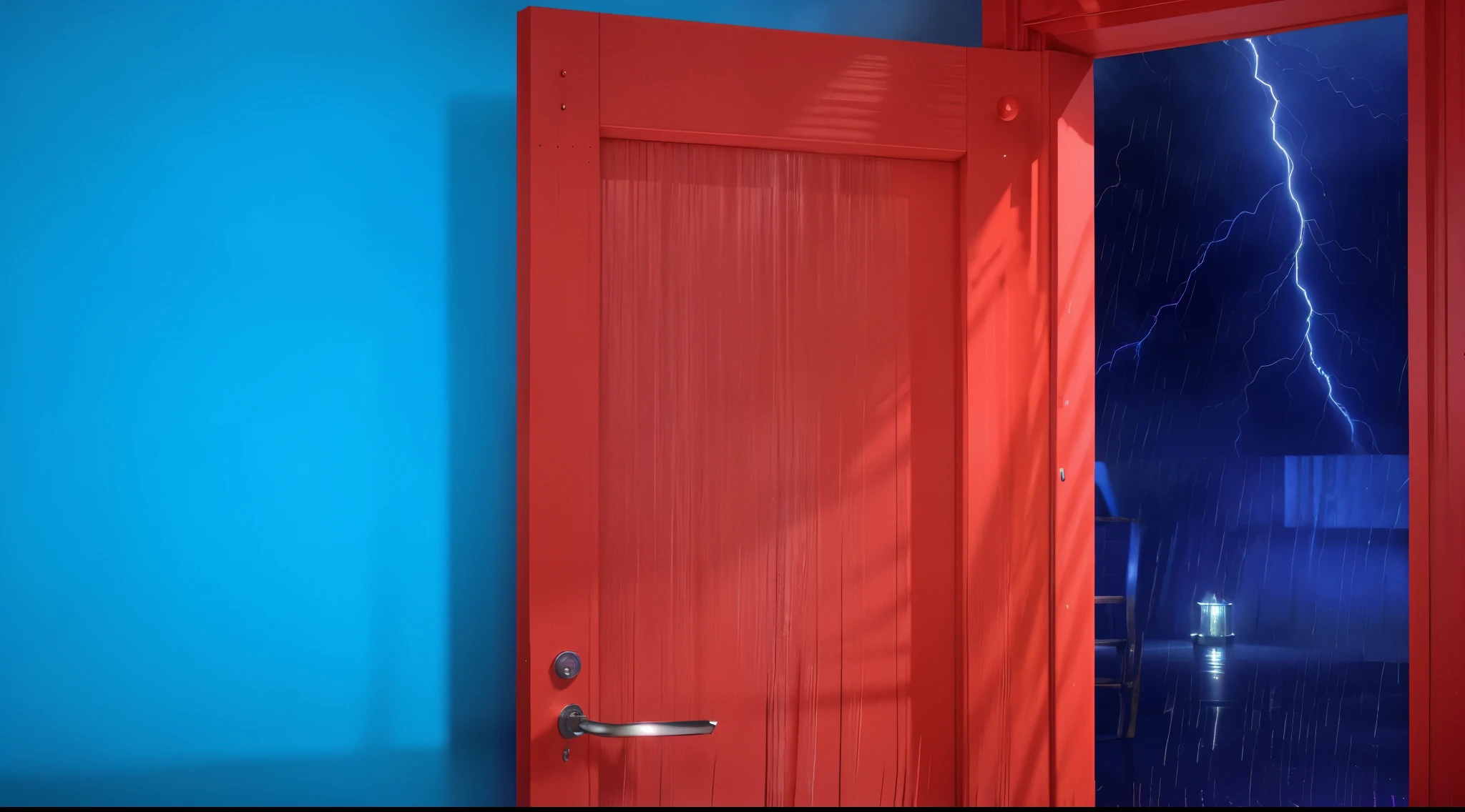 dramatic cool bright picture Red door is open revealing a blue city street with thunderstorm and rain. A blue wall with a red door leading to a rainy cloudy street. smoot, multiple light sources, rim light, sharp post effects render, perfect cgi, digital art, detailed digital art, reflective, best quality, 4k, masterpiece:1.2, ultra-detailed, realistic, vivid colors, dark and moody lighting, The image of the highest quality, ensuring every detail showcased perfectly. It in 4k resolution, allowing viewers to immerse themselves in the richness of the colors and intricate details. The realistic rendering. under the spotlight, reflecting, high-resolution image, realistic rendering, dark background, and rim light