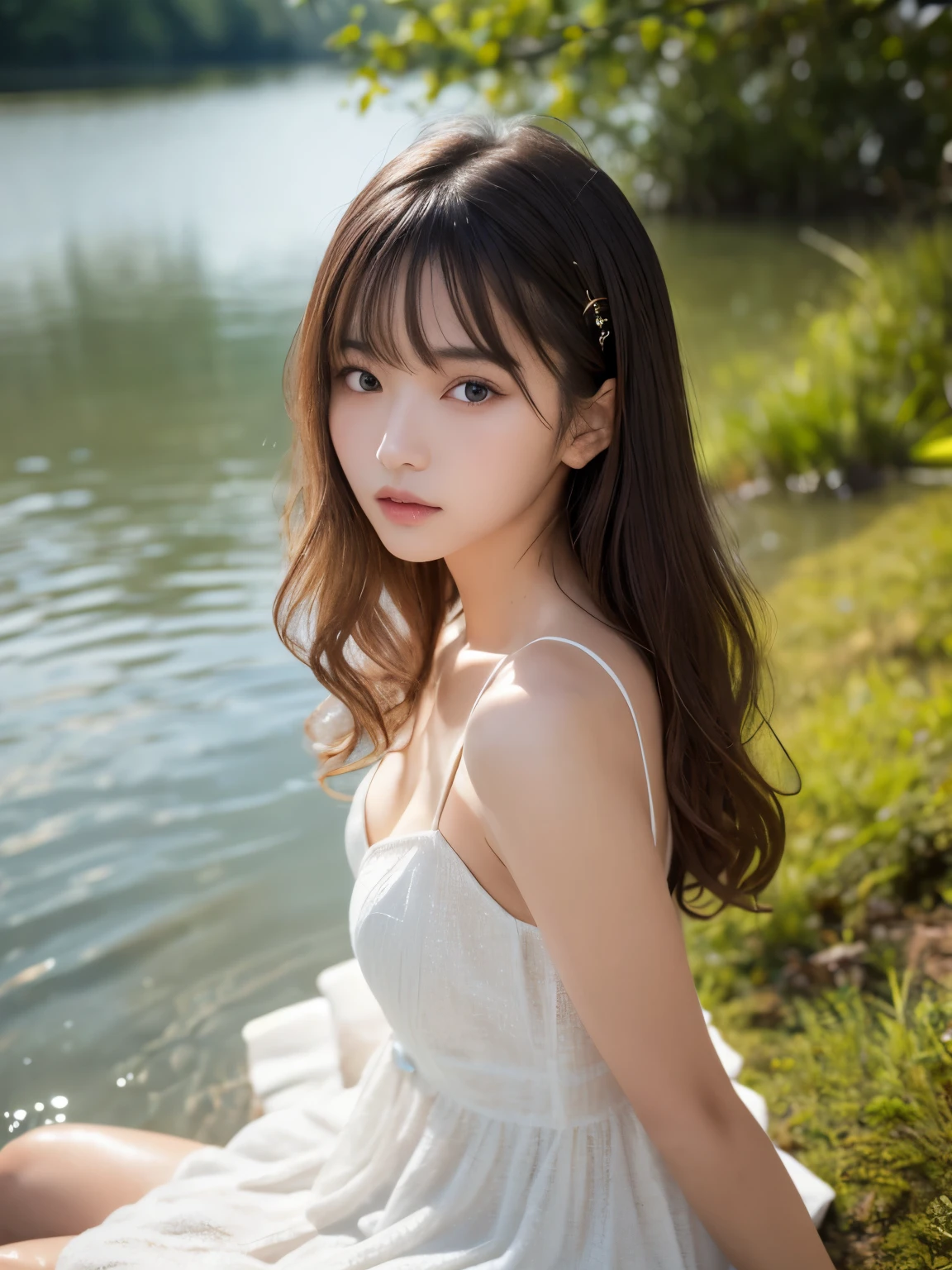 masterpiece, best quality, RAW photo, photorealistic, 8k, ultra detailed photo, beautiful Japanese girl with fair skin, Create an image of a 16yo blonde Japanese idol girl sitting on the water surface. She is wearing a white dress and accessories, There are ripples spreading on the water surface, and a mysterious forest is visible in the background. The image has a realistic texture that depicts the details of her skin and wavy hair, as well as the wrinkles and gloss of the dress fabric. The style of the image is modern art with colorful touch., upper body shot