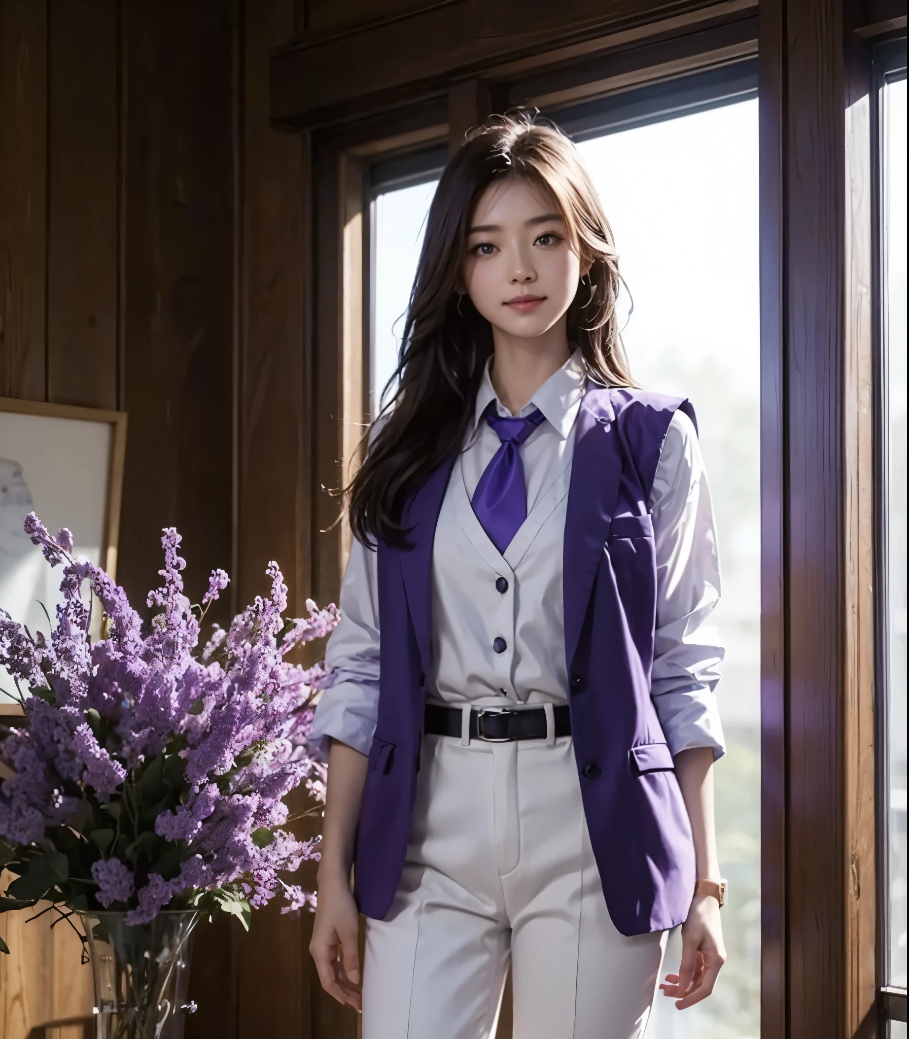beautiful japanese smiling women, full height, blue eyes, long haircut, 70s clothes, white trousers, white shirt, white vest, purple tie, {{{Nanjing }}},scale:14 steps:30 method:2, HDR, RTX, UHD, perfect, high quality, high detail, cinematic, photorealistic, beautiful, 4K, HDR, full shot, photorealistic, realism, color grading, photography, very detailed, focused, 8k, wallpaper, 32k, super resolution