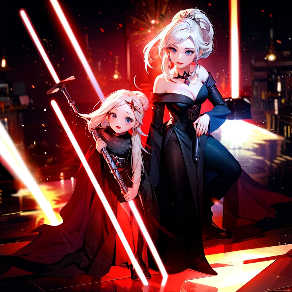 Elsa princess from Frozen dressed in a black Sith robe and holding a red Star Wars-style lightsaber in her hands, with the clone army in the background