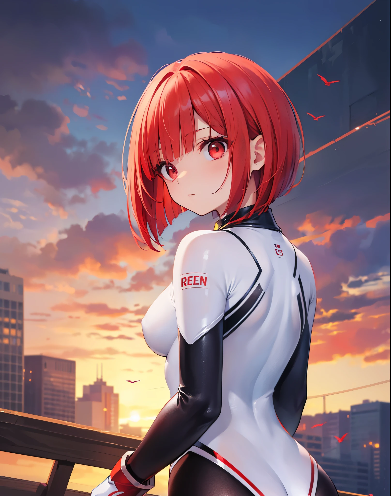 Close-up,highest quality, ultra detail, High quality CG drawing, The most delicate and beautiful, Floating gently, High resolution, (1 girl), (Highest image quality,4K,8K,masterpiece:1.2),(all red hair:1.5),(short bob:1.5),bangs bangs,(red eyes:1.5), (ultra girl :1.0), (red ultraman bodysuit:1.4),slightly bigger breasts,red gloves,(Turn your back to your audience:1.3)