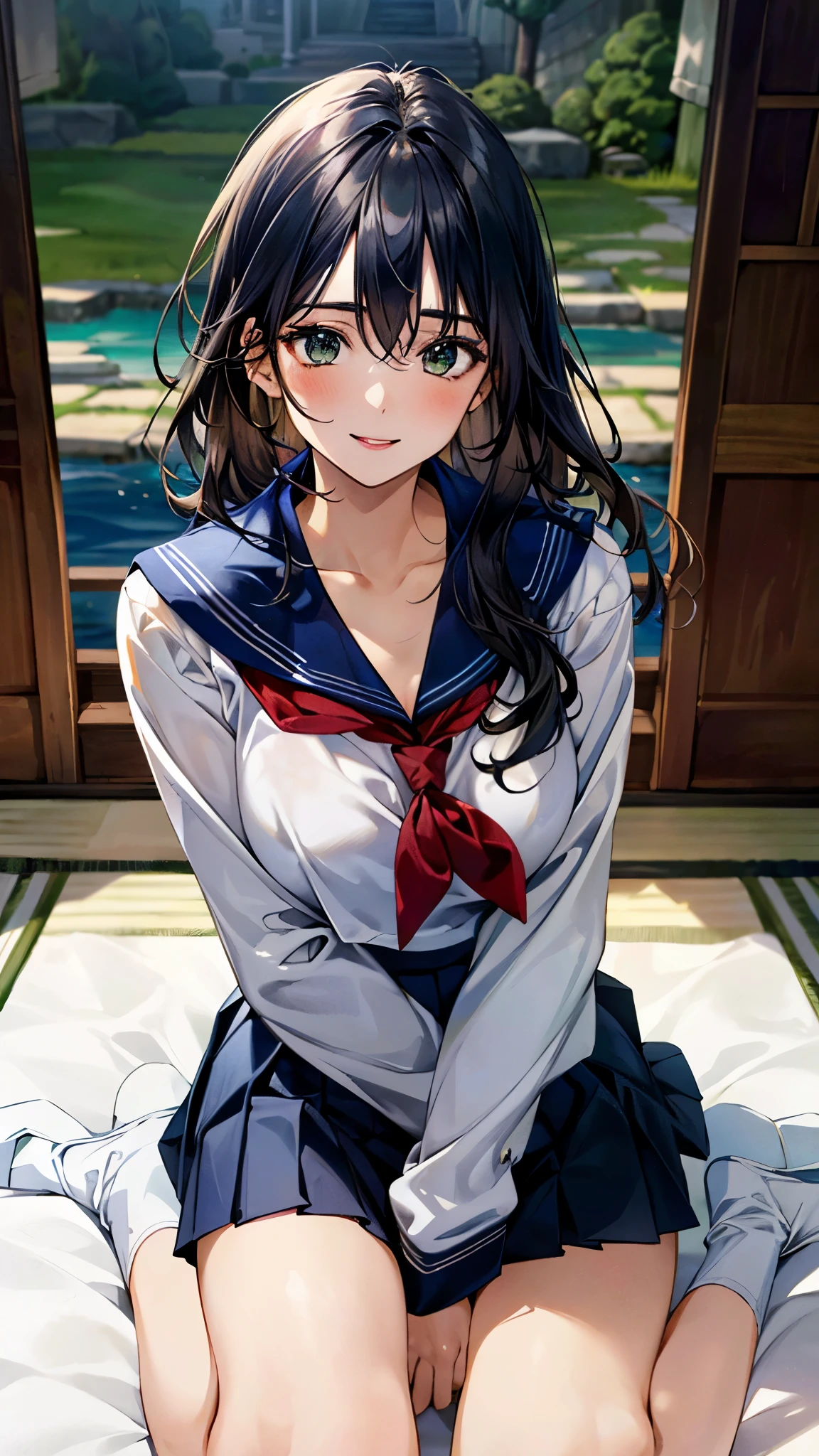 (masterpiece:1.2, top-quality, ultra high res, ultra detailed), (realistic, photorealistic:1.4), beautiful illustration, (natural side lighting, movie lighting), 
looking at viewer, full body, 1 girl, japanese, high school girl, perfect face, (perfect anatomy), cute and symmetrical face, , shiny skin, slender, 
(short hair:1.5, wavy hair:1.5, black hair), hair between eyes, emerald green eyes, drooping eyes, big eyes, long eye lasher, (medium breasts), 
beautiful hair, beautiful face, beautiful detailed eyes, beautiful clavicle, beautiful body, beautiful chest, beautiful thigh, beautiful legs, beautiful fingers, 
((detailed cloth texture, (navy clothes), long sleeves navy sailor suit, navy pleated skirt, navy sailor collar), dark red sailor scarf), 
(beautiful scenery), day time, (room), wariza, (lovely smile, upper eyes), 