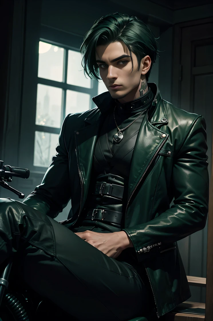 man with dark green hair , wearing dark green and black outfit , with moons and skull patter , sitting looking cool on his black motorcycle