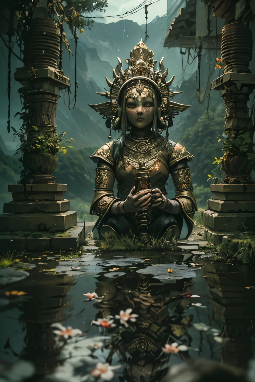 A forgotten ancient temple deep in the mountains、abandoned ritual vessels、Old broken mechanical dolls are thrown away、mechanical doll made of bronze、it's raining、puddle、rust is floating、The sun is shining through the clouds、creates a dramatic、cinematic lighting、masterpiece、High and fine、High definition、Depth of the bounds written、