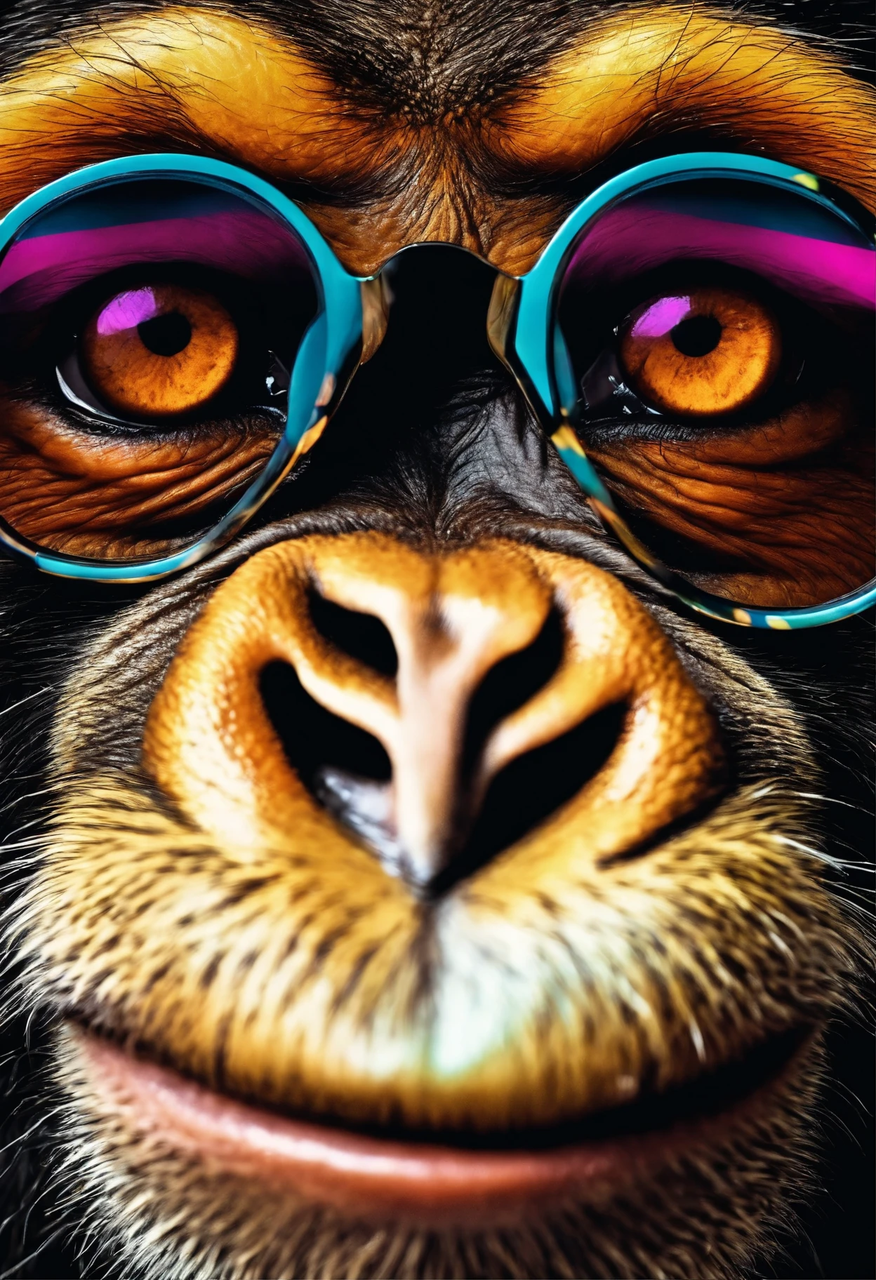 Create a monkey face with colourfull glasses 