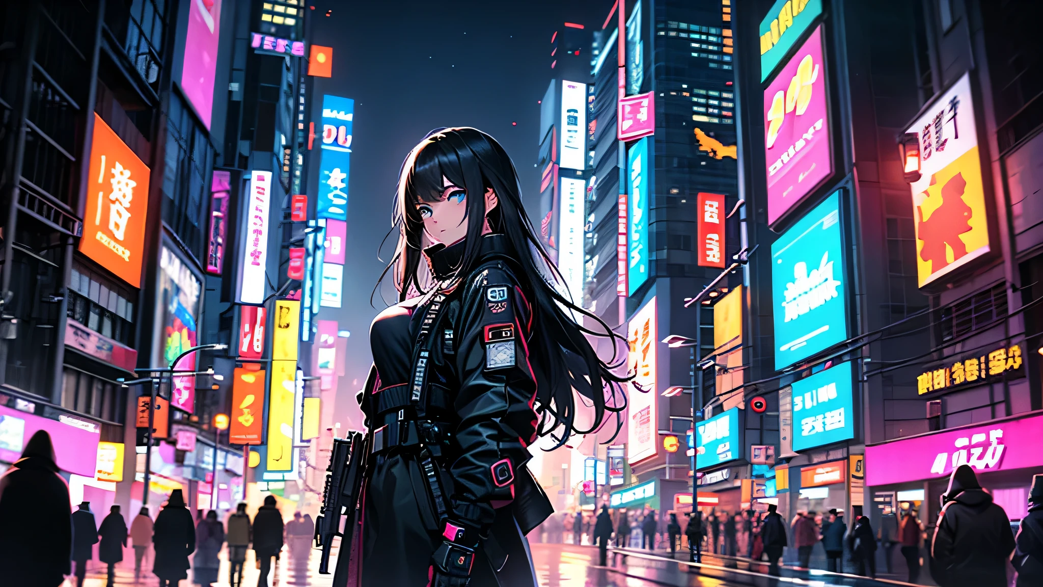 1 woman, long hair, black hair, blue eyes, mask, holding a gun, lean against the wall, cyberpunk style clothes, Tokyo in cyberpunk style, It's night and it has to be dark, Glowing neon signs in a modern city, skyscrapers,