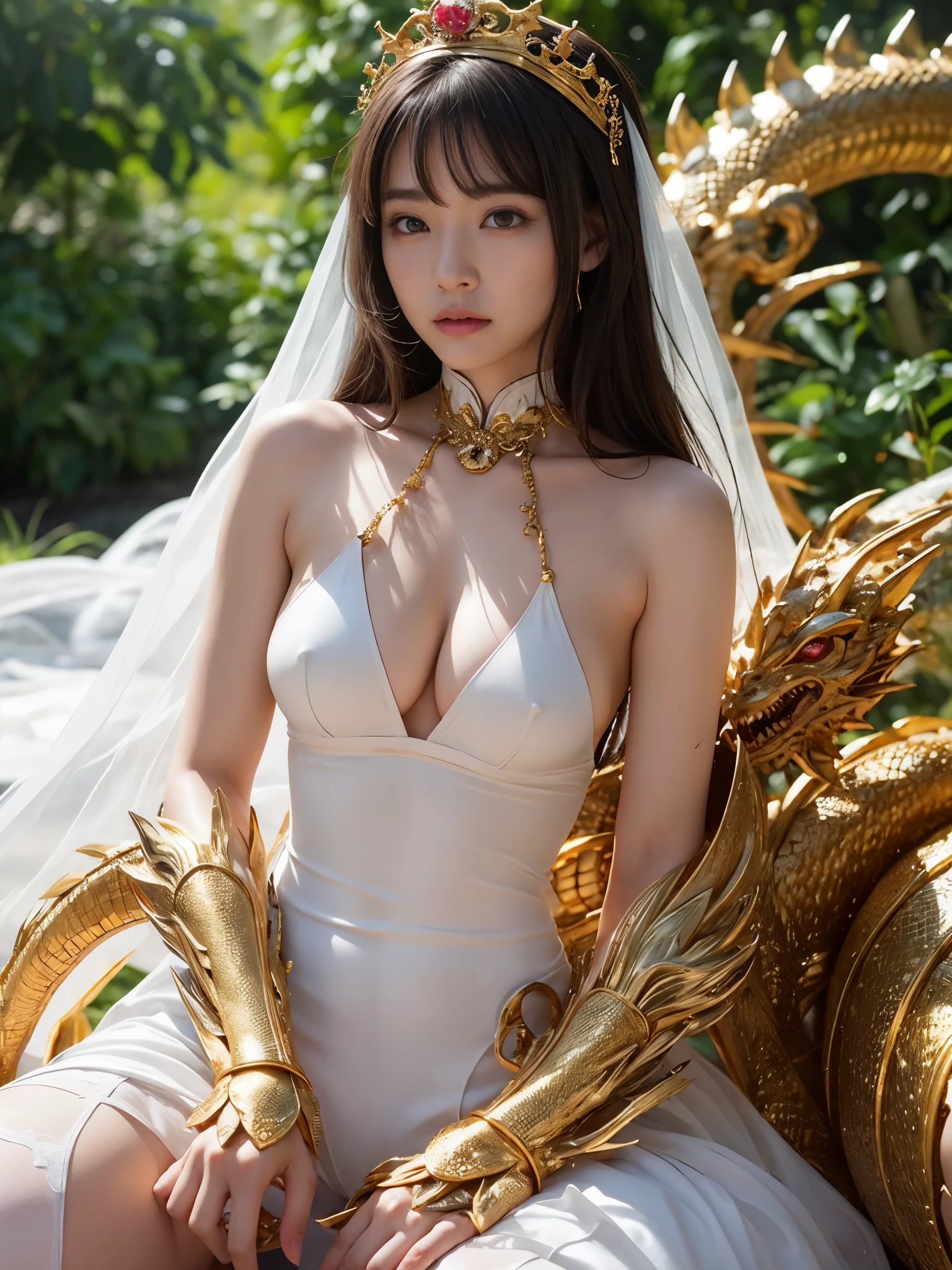 (((super weight milk)))、(A fierce battle with the dragon)、highest quality、masterpiece、ultra high resolution、(白Dragon Armor)、Dragon Armor、(wears a beautiful crown made of precious stones)、(Photoreal:1.4)、Raw photo、1 girl、golden hair、glowing skin、(((chinese dragon)))、（Expression like a gorgeous jewelry necklace）、（Fight against big dragons）、with a beautiful knife、（white metal bodysuit）、(beautiful forest background)、sheer cliff、(Small LED)、((Super realistic details))、Portrait、global illumination、shadow、octane rendering、8K、super vivid、big breasts、Raw skin exposed in cleavage、Metal、intricate ornamental details、japanese details、yellow eyes、shining eyes、facing the camera、neon detail mechanical limbs）、（Blood vessels connected to the ductechanical vertebrae attached to the back、mechanical cervical vertebrae）Worn on the neck、(Wires or cables connected to the head)、Mechanical thigh、two stock、(Hands are also machine made)、(veil)、