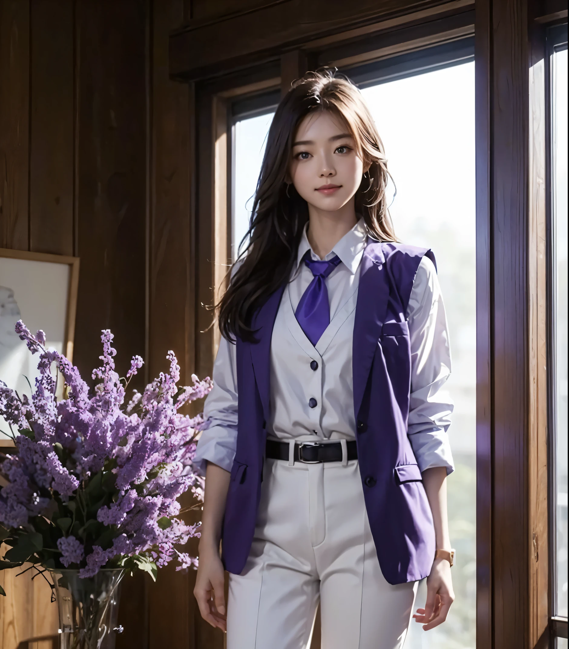 Beautiful japanese smiling women, full height, Blue eyes, long haircut, 70s clothes, White pants, White shirt, White vest, Purple tie, {{{Nanking }}},scale:14 steps:30 method:2, HDR, RTH, UHD, Ideal, high quality, High detail, cinematic, Photorealistic, Beautiful, 4k, HDR, Full Snapshot, Photorealistic, realism, color correction, Photo, very detailed, concentrated, 8K, wallpaper, 32K, Super resolution