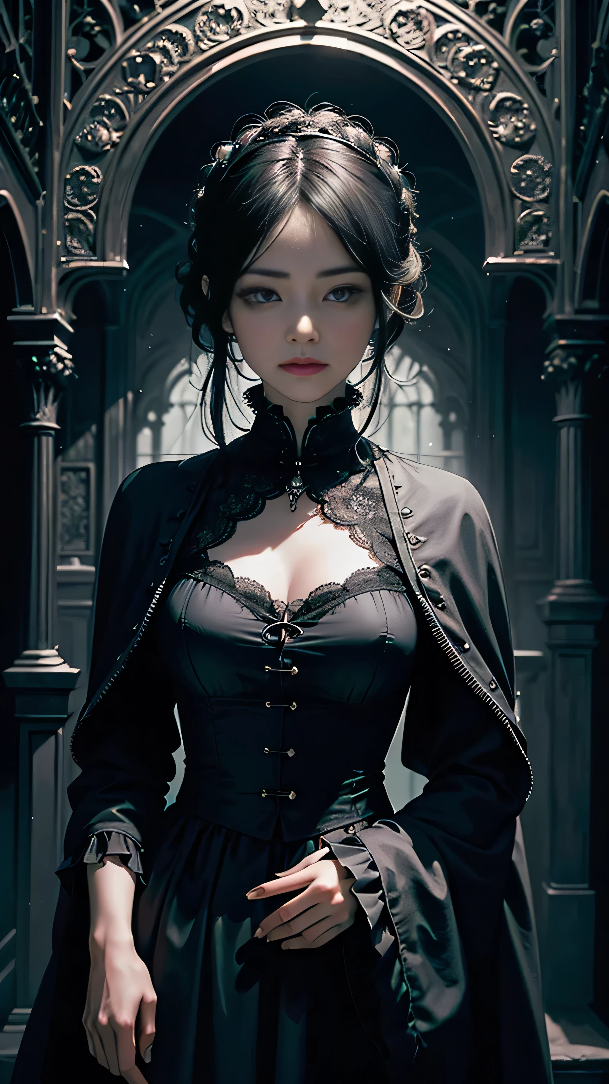 Official Art, Unity 8k wallpaper, super detailed, beautiful, beautiful, masterpiece, best quality,
darkness, atmosphere, mystery, romanticism, creepy, literature, art, fashion, victorian, decoration, intricacies, ironwork, lace, contemplation, emotional depth, supernatural,
1 girl, solo, neck, bust composition