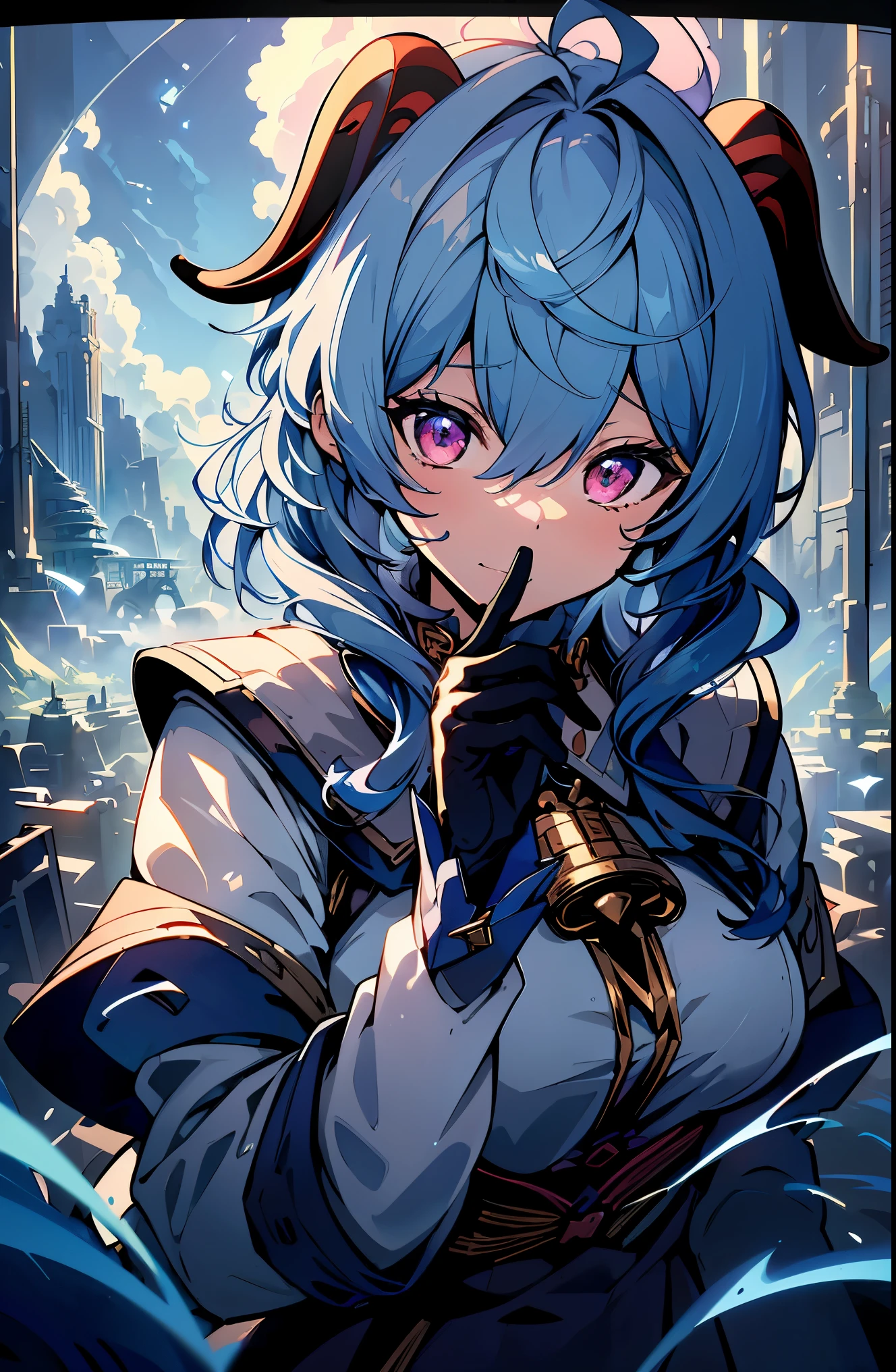 (((ganyu))),1 girl,alone,(masterpiece,highest quality, official art,To the audience, beautiful and aesthetic:1.5),((ultra high resolution,golden ratio,)) (4k), view from below,((on top of the earth)),floating,dynamic lighting, Natural light,(photon mapping, radio city, Physically based rendering,automatic white balance), technical sense,wonderful,sharp focus,rich background, (((high be familiar with skin,)))dynamic lighting,intricate be familiar with outfit,glowing eye,watery eye,((very long hair,))skin, ,sailor dress, short skirt,button shirt,(masterpiece sidelighting),(beautiful girl,shiny),(sky blue hair,pink eye,）[[delicate fingers and hands:0.55]::0.85],(finger details),(((super photo quality,ultra wide angle)))),((incredibly absurd)),bust shot,((very_be familiar with_eye_and_face)),(messy hair),Film Girl,(moving composition: 1.4),dream-like, Magic,Looking out from the space station, the landscape would be breathtaking,covered by swirling clouds,wonderful,highest quality,Details down to the last detail,detailed illustrations