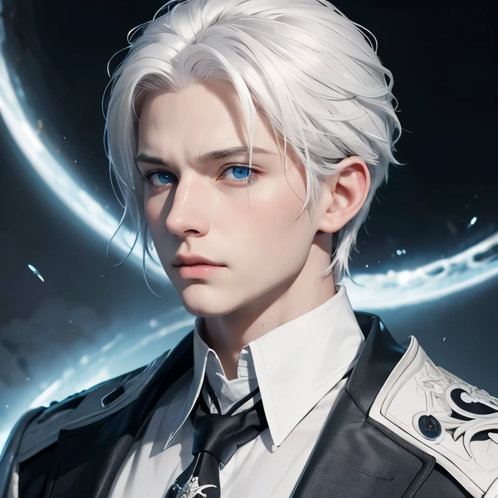 Boy, white hair, blue eyes, sharp, serious features, white skin