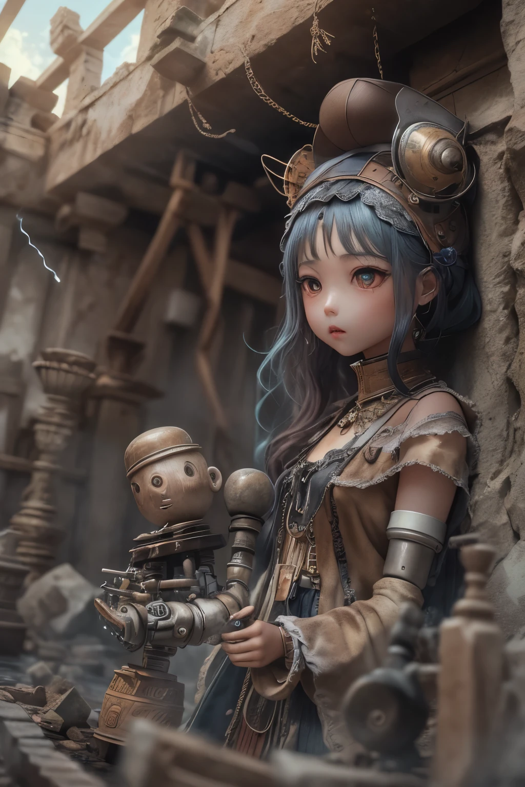 １mechanical doll、Image of Petra ruins、A forgotten ancient temple nestled in a cliff deep in the mountains、abandoned ritual vessels、バラバラの古いmechanical dollが捨てられている、青銅と陶磁器でできたmechanical doll、it&#39;s raining、puddle、rust is floating、The sun is shining through the clouds、creates a dramatic、cinematic lighting、masterpiece、High and fine、High definition、Depth of the bounds written、