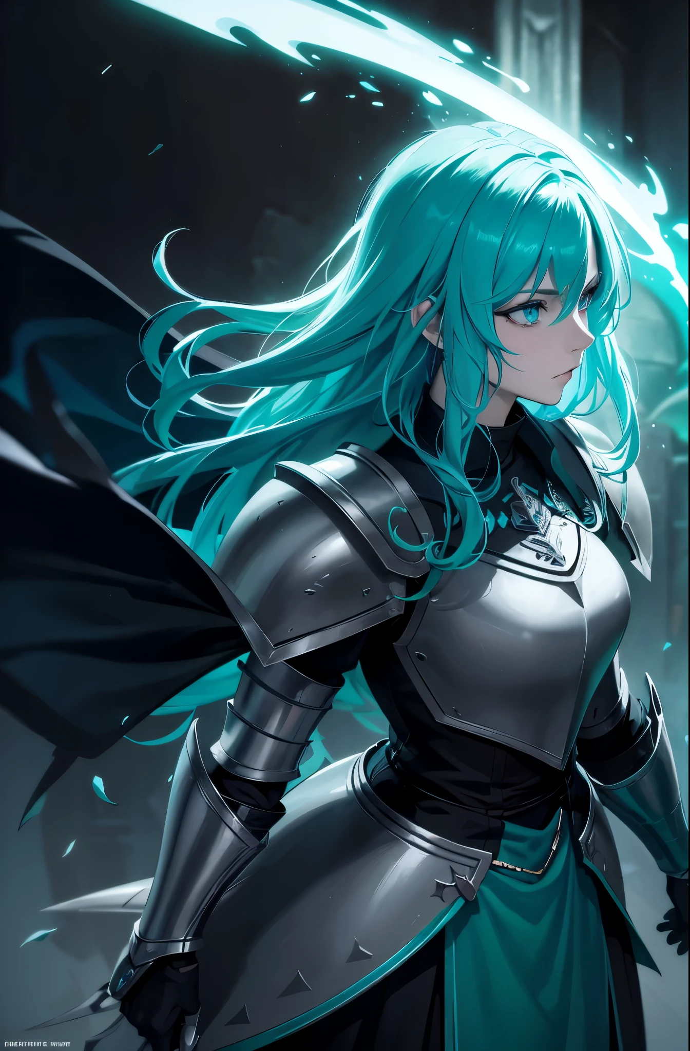 beautiful knight woman, turquoise hair, turquoise eyes, young adult, fantasy medieval armor, night scenario, pitch black scenario, dark dungeon scenario, darker scenario, bright flames, portrait, high contrast image, anime style