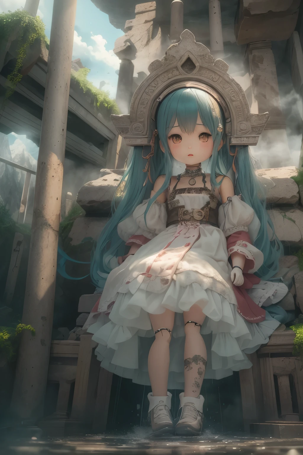 1mechanical doll、Image of Petra ruins、A forgotten ancient temple nestled in a cliff deep in the mountains、abandoned ritual vessels、バラバラの古いmechanical dollが捨てられている、青銅と陶磁器でできたmechanical doll、it's raining、puddle、rust is floating、The sun is shining through the clouds、creates a dramatic、cinematic lighting、masterpiece、High and fine、High definition、Depth of the bounds written、