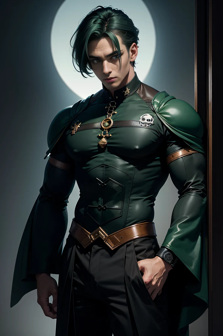 man with dark green hair , wearing dark green and black outfit , with moons and skull patter 