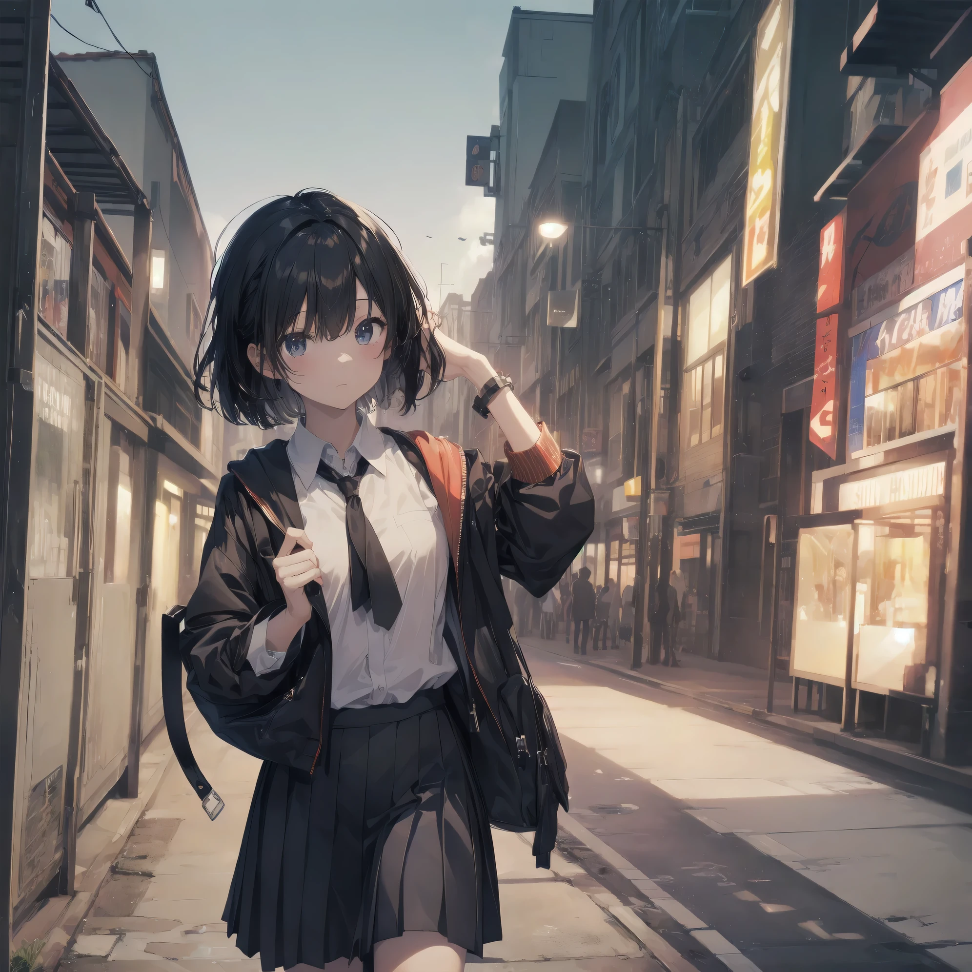 Super absurd quality by the god of art, super detailed, High resolution, artist:dark black, artist:Rinzo, artist:komizuki, anime moe art style, Best Anime 8K Kona-chan Wallpaper, pixiv contest winner, perfect anatomy, break,(眠そうにalone学校へ行く女の子を描いてください. )break,1 girl, (alone, woman, baby fears old:1., full finger,, The charm of an immature body, (very_short hair), bangs, small ass, between legs,small black eyes, detailed and beautiful eyes, Well-proportioned iris and pupils, expressive eyes, sleepy eyes, High resolutionの詳細な髪, neck ribbon, skirt, collared shirt, pleated skirt, school uniform, school bag,(detailed lighting), (detailed background), On the way to school. break,super dense skin, Best cinematic lighting powered by famous artist, 8k,cute illustration,photoshop_(Moderate),Absurd Hi-Res,Hmm,rough skin