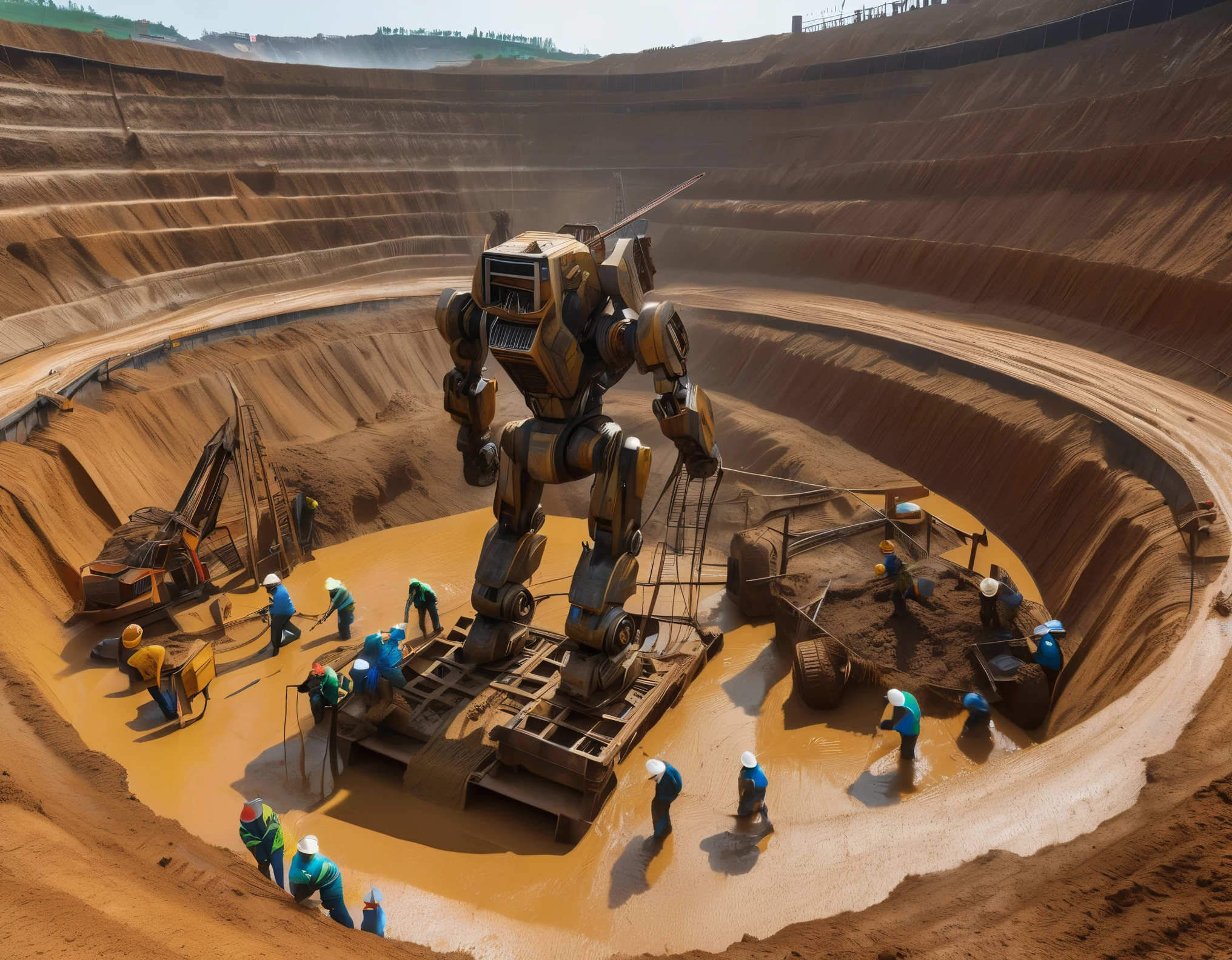 (A huge abandoned mecha is being dragged out of a huge, super deep pit by many wire ropes.,Drag out of the mud pit,Covered in rust and mud,Broken body,background、:Many workers with frightened expressions,Sand,archaeological pit,on site,