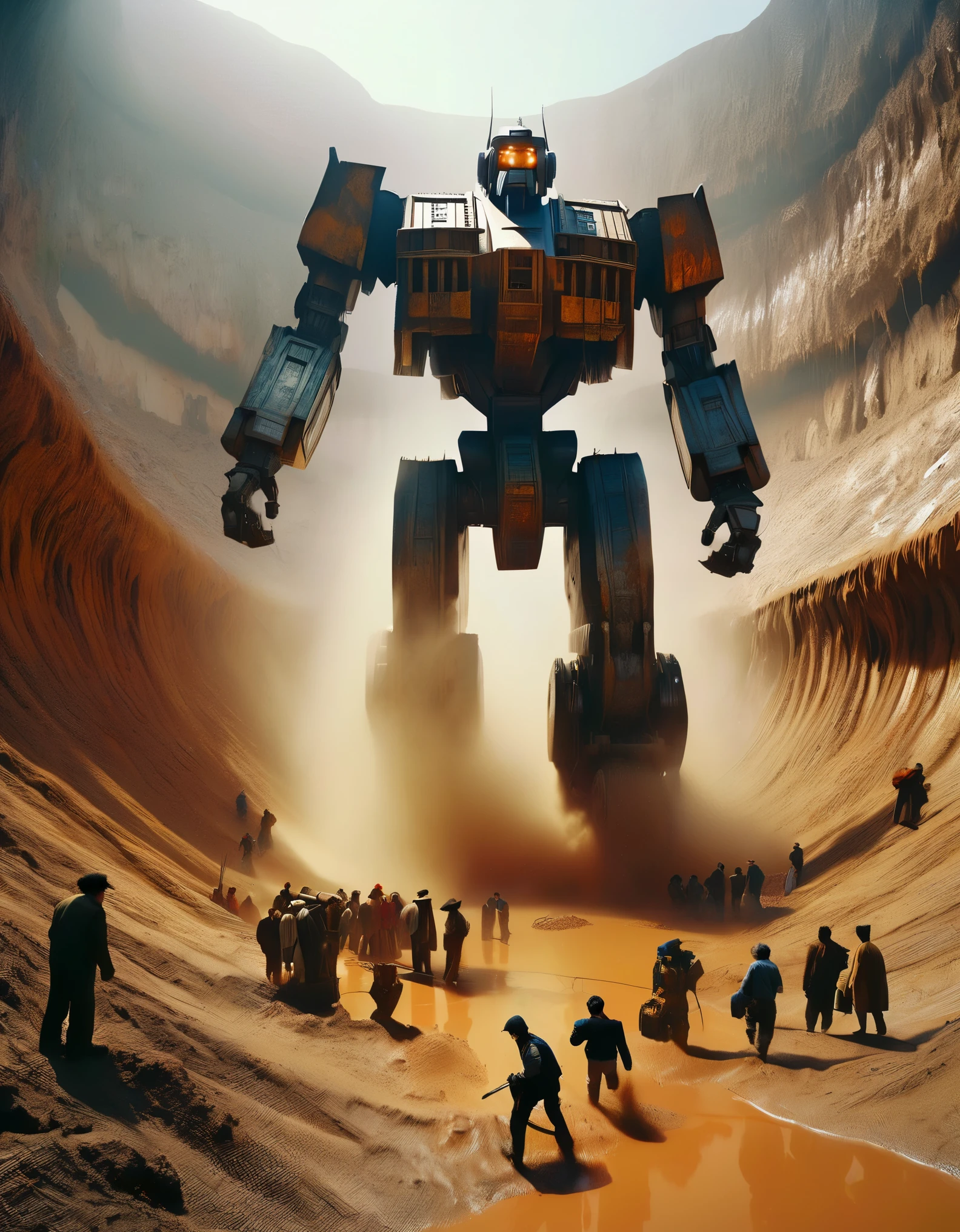 bird&#39;s eye view，Ice Age，Super detailed details，（Mudslide buried a huge abandoned mecha），Super mutilated body being dragged out of a huge pit，Covered in rust and running mud，Broken body，muddy gravel，many people digging，Horrified spectators look into the pit，archaeological pit，on site，3D rendering of A huge old mecha is being dragged out of a huge super-deep pit by many people, covered in rust and mud, broken bodies, sand and gravel, archaeological pits, the site,,Dripping Paint,Matte Painting,Science Fiction,Fever-Dream,Impossible,Postcyberpunk,Ice Age, The picture is from Peter Jackson's work, The picture is from Wong Kar-wai's work, The picture is from Emmanuel Lubezki's work,by Bruno Barbey,by Anne Brigman,by Edward S. Curtis,Intense Atmosphere, high detail,hyper quality,high resolution,surrealism,HD,16K,depth of field (dof),A bird's-eye view,aerial view,mood lighting,