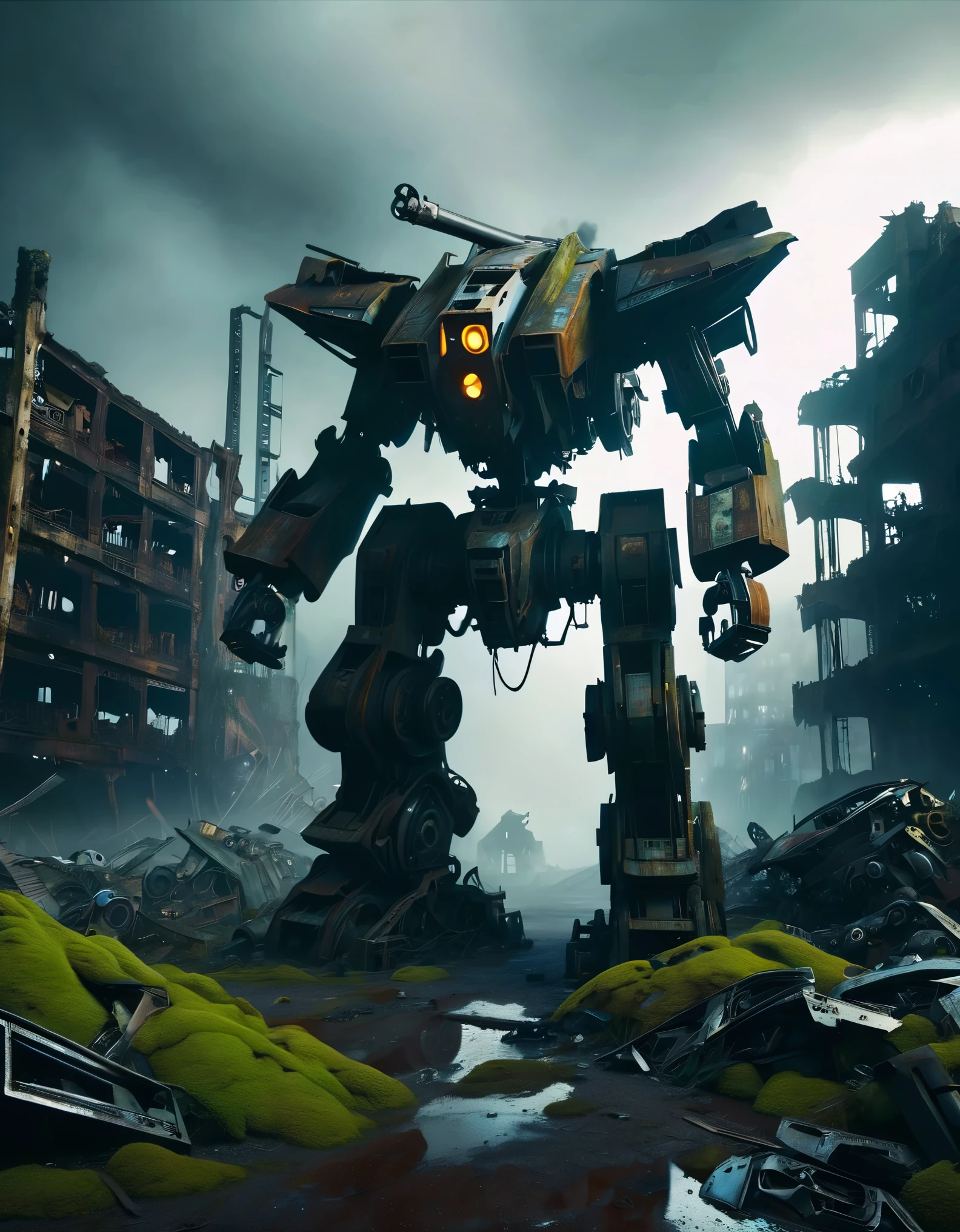 mechanical人头断肢，超级多的mechanical残缺的身体，Too many scrapped and too many damaged mechas，mechanical垃圾山，post-apocalyptic，dystopia，rusty metal，Broken parts，moss，ghostly atmosphere，destroyed city、 mechanical、inanimation、desolate、Gloomy lights、dramatic perspective、Decline、Futurism、Cyberpunk aesthetics、dark、Compared、shadow、Mystery、abandoned、、abandonedmechanical、Ghosts、silence、、desolate、
