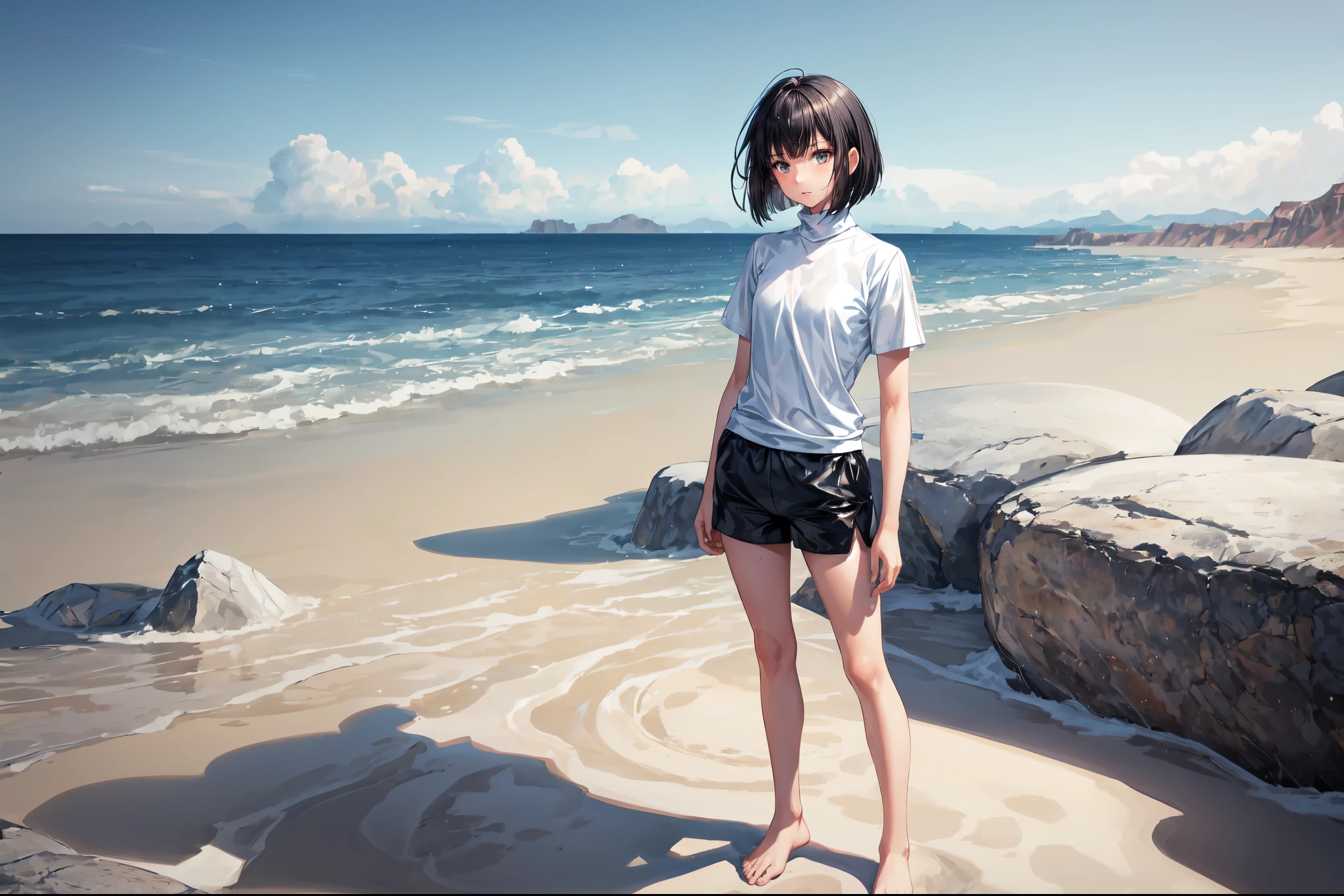 1girl, solo, slim, black hair, bob cut, bangs, white shirt, short sleeves, turtleneck, black sweat shorts, bare feet, standing, [desert | lake], detailed background, illustration, masterpiece, best quality, highres
