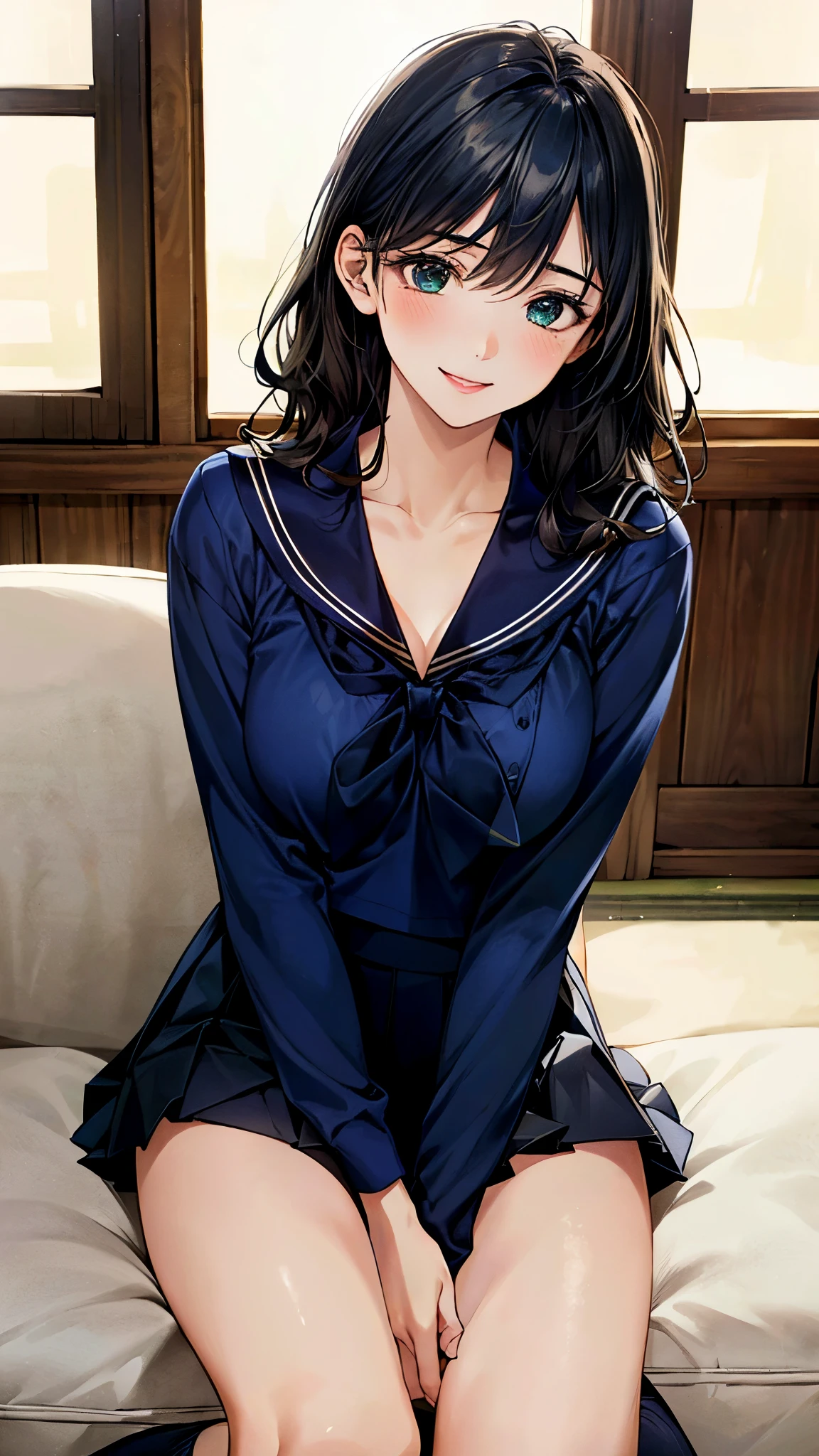(masterpiece:1.2, top-quality, ultra high res, ultra detailed), (realistic, photorealistic:1.4), beautiful illustration, (natural side lighting, movie lighting),
looking at viewer, full body, 1 girl, japanese, high school girl, perfect face, (perfect anatomy), cute and symmetrical face, baby face, shiny skin, slender,
(short hair:1.1, wavy hair, black hair), hair between eyes, emerald green eyes, drooping eyes, big eyes, long eye lasher, (medium breasts),
beautiful hair, beautiful face, beautiful detailed eyes, beautiful clavicle, beautiful body, beautiful chest, beautiful thigh, beautiful legs, beautiful fingers,
((detailed cloth texture, (navy clothes), long sleeves navy sailor suit, navy pleated skirt, navy sailor collar, dark red sailor scarf), white school socks),
(beautiful scenery), day time, (living room minimalist), sitting sofa, (happy smile, upper eyes),