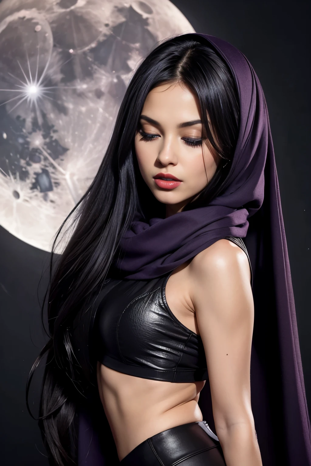 Beautiful veiled girl with long hair, hair sticking out from under the scarf. Big and beautiful black eyes, very high quality and very realistic, dark red lips and black pantyhose, bent down and big breasts, head in profile, flirting with closed eyes, long eyelashes, shadow Black eyes, black eyeliner, cinematic, realistic lighting, one girl, (black hair), dark eyes, shining eyes, (light purple crop top), miniskirt, parted lips, blush, ((night)), ((moon)), (moonlight)),