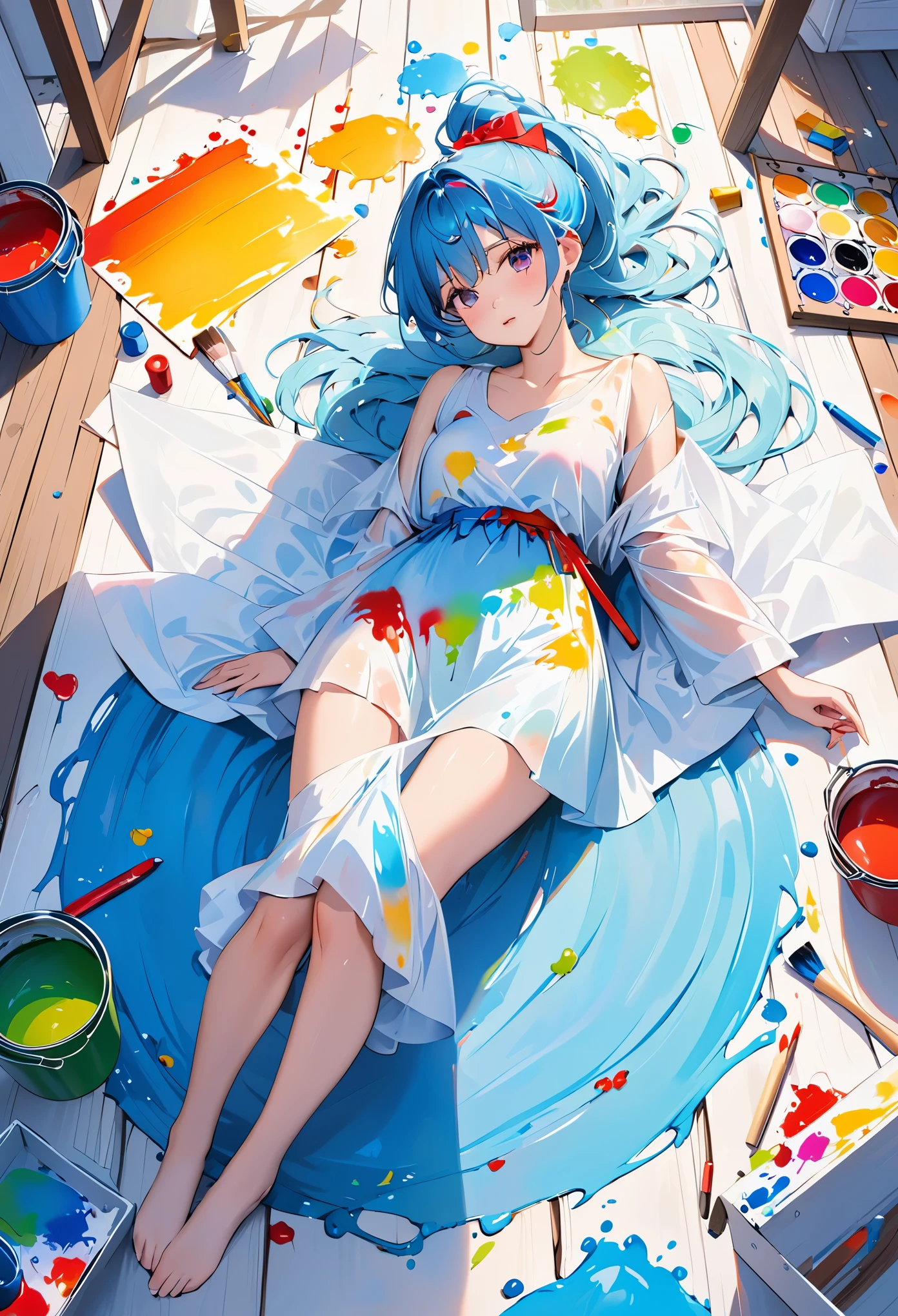 Full body image, ultra high perspective, girl, light blue hair, covered in paint, colorful, gradient, transparent clothes soaked in paint, lying on the frame, paint bucket, brushes, crayons, sprinkled with paint, paper, paint board, panicked, panicked