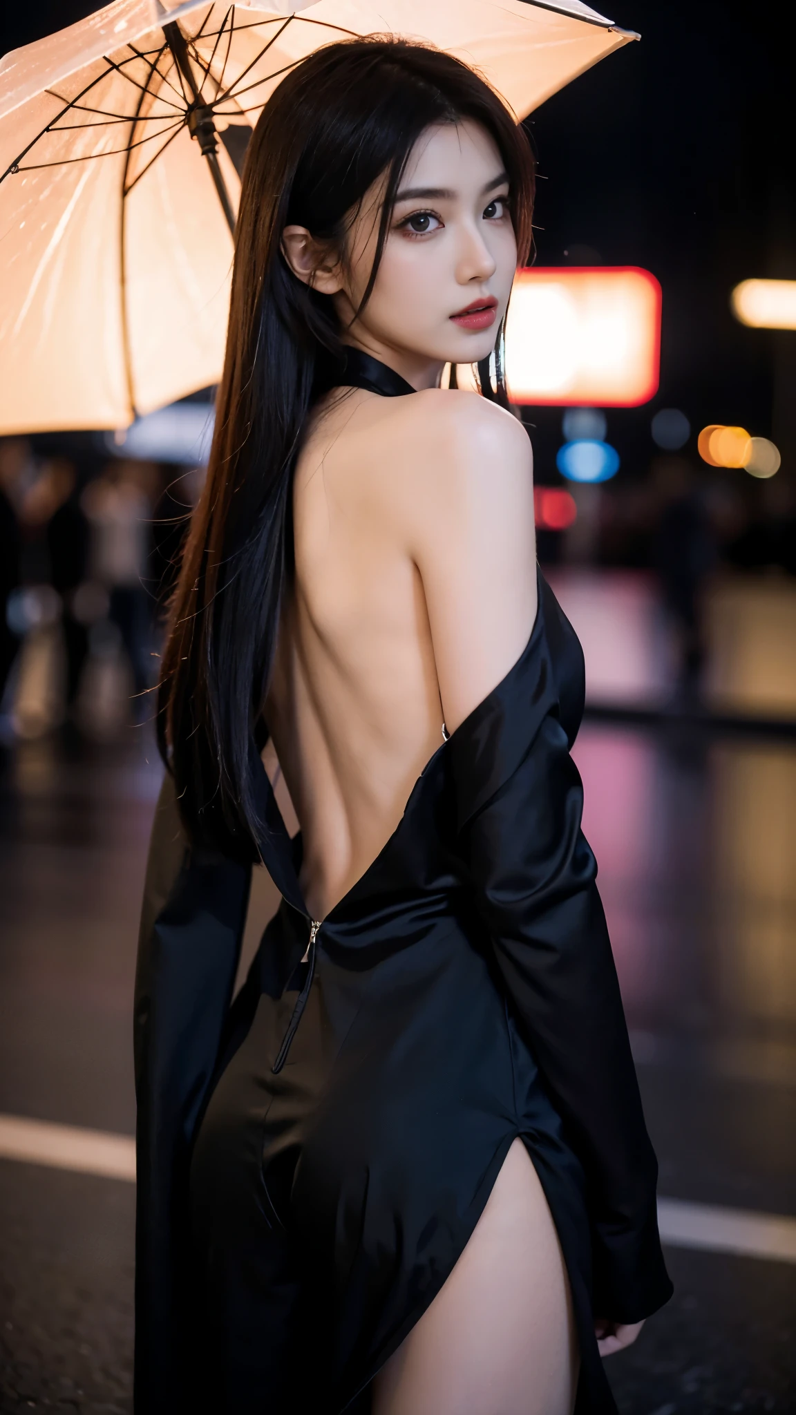 a girl,wearing black dress,standing in the rain,black silk jumpsuit,back view,She let her hair down,caught in the rain,Covered in rain, night,Heavy traffic,neon lights,clothes are transparent, There are tears in the corners of the eyes,Sad, Lovely, Lovely, young, ager. she is very slim, thin and long,Camera Focused on her Face, light shining on her Face, very wide aperture, ((F/1.2)), shallow depth oF Field, The background shot is severely blurry, ISO 3000, Auto white balance, Very detailed, proFessional lighting, soFt light, original photo, Uniqlo Fashion models, best quality, masterpiece, Award-winning photography, huge File size, 8k, high resolution, Shot with a Sony DSLR camera.