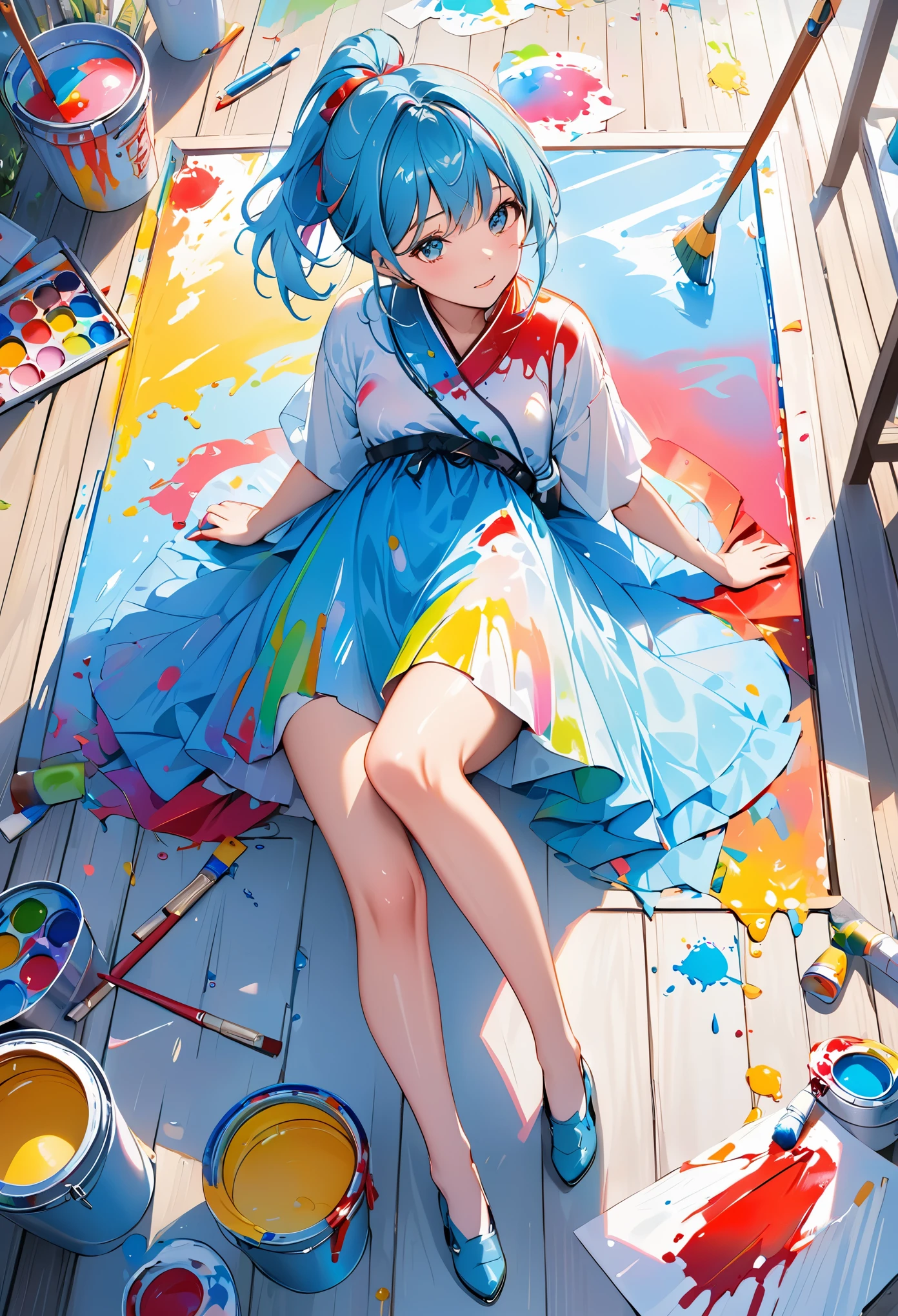 Full body image, ultra high perspective, girl, light blue hair, covered in paint, colorful, gradient, transparent clothes soaked in paint, lying on the frame, paint bucket, brushes, crayons, sprinkled with paint, paper, paint board, panicked, panicked