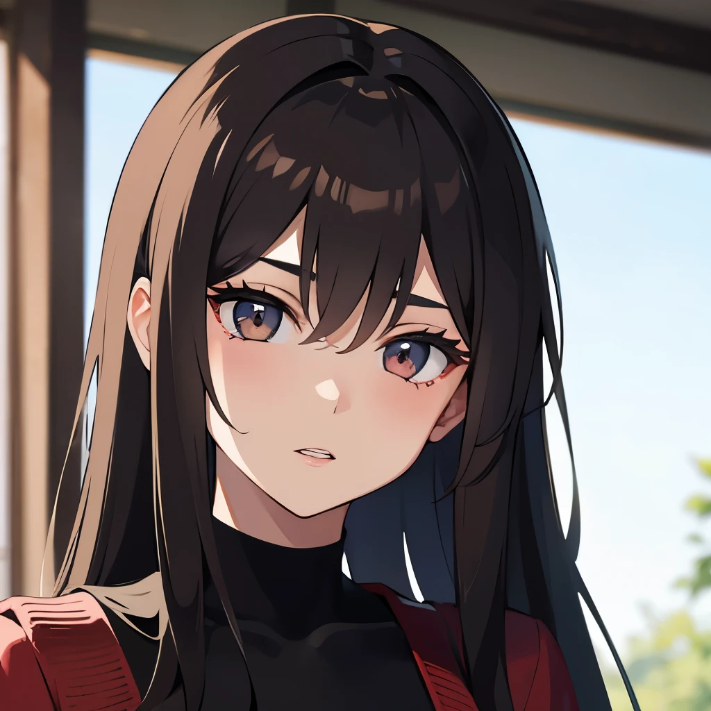 Girl, long brown hair, gray eyes, sharp features, white skin