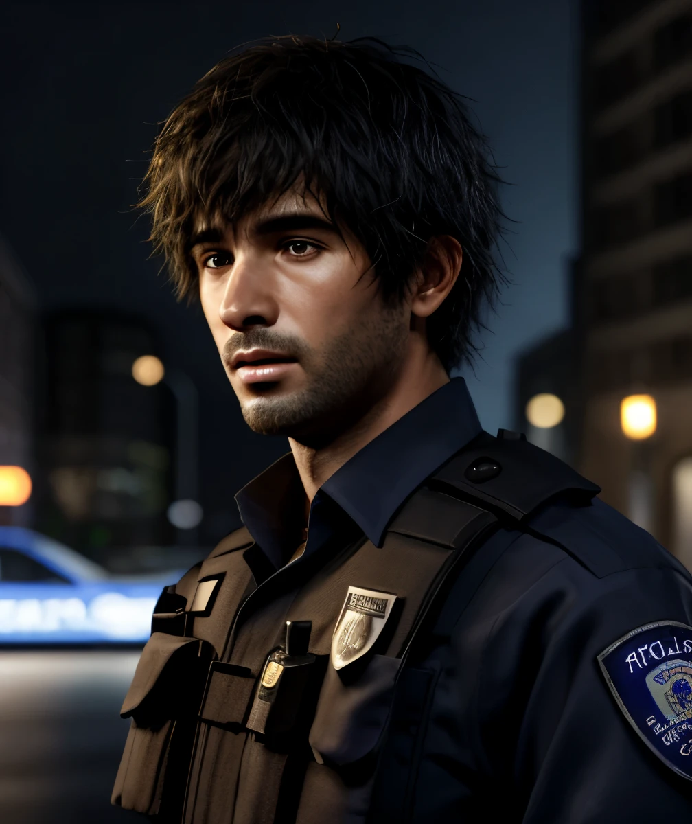 1male, masterpiece, 4k, ultra realistic, policeman, city night background, carlos oliveira, portrait, black shaggy hair