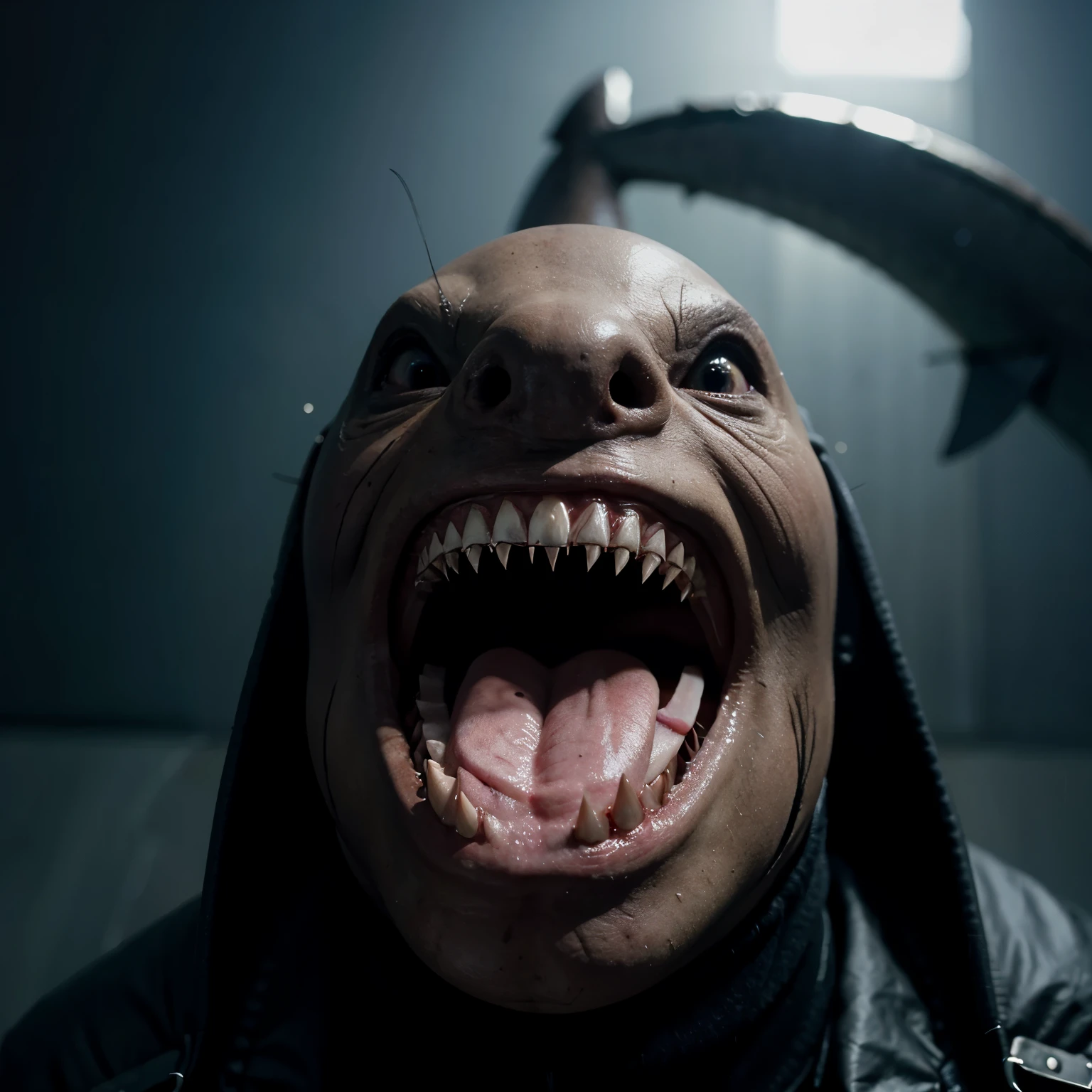 <lora:add_detail:0.6>, <lora:Rubber_Johnny:0.9> uncooked turkey, splat, eyes everywhere, alien, glowing eyes, dark room, security cam, night vision, (wearing a business suit:1.2), flash photography, (extreme monster teeth, volumetric green glow, night vision,