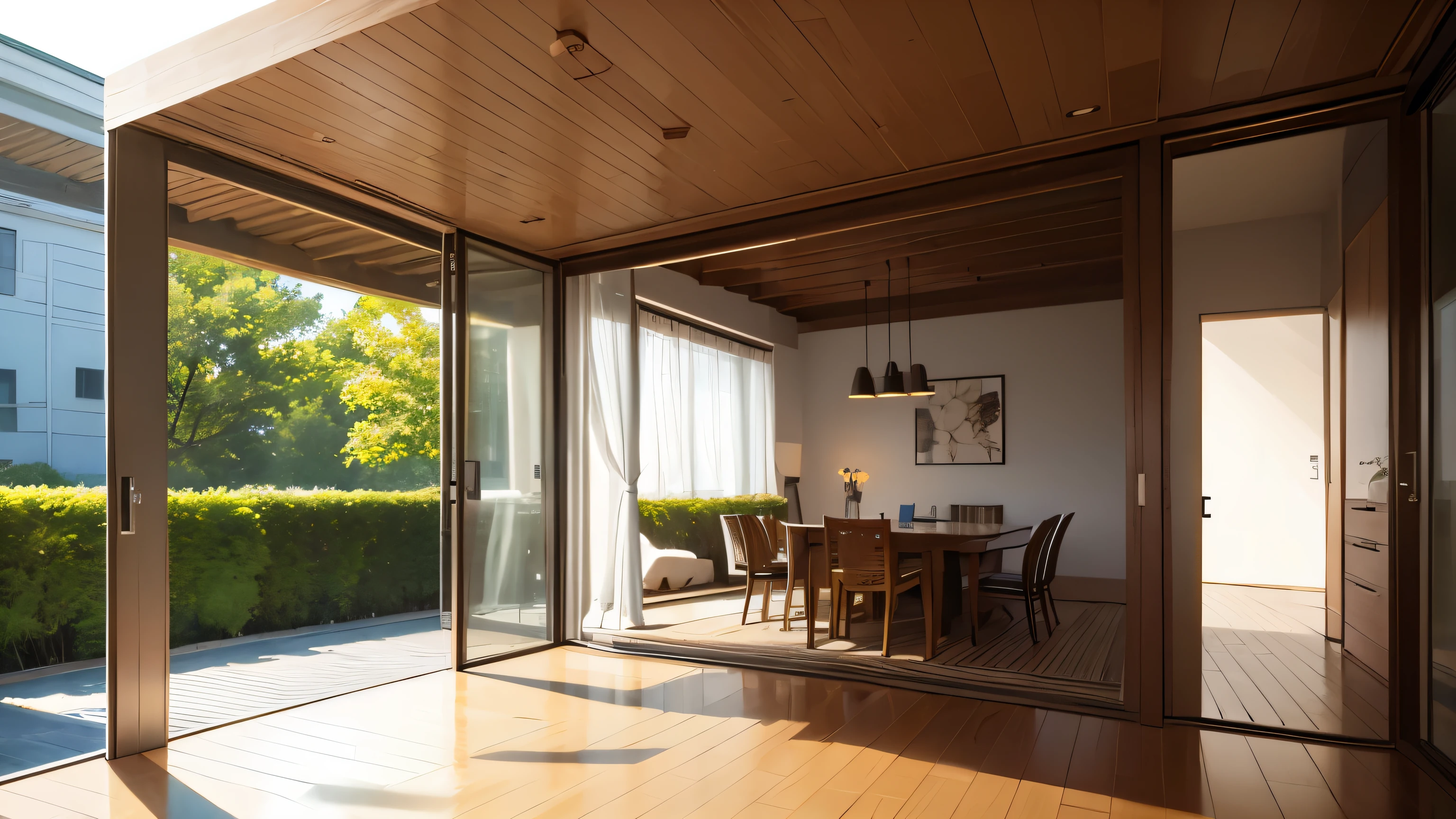 you are a famous interior designer、I was asked to create a 3D image of a large modern room.。. Create a harmonious environment with modern and minimalist furniture. Including garden interior.
