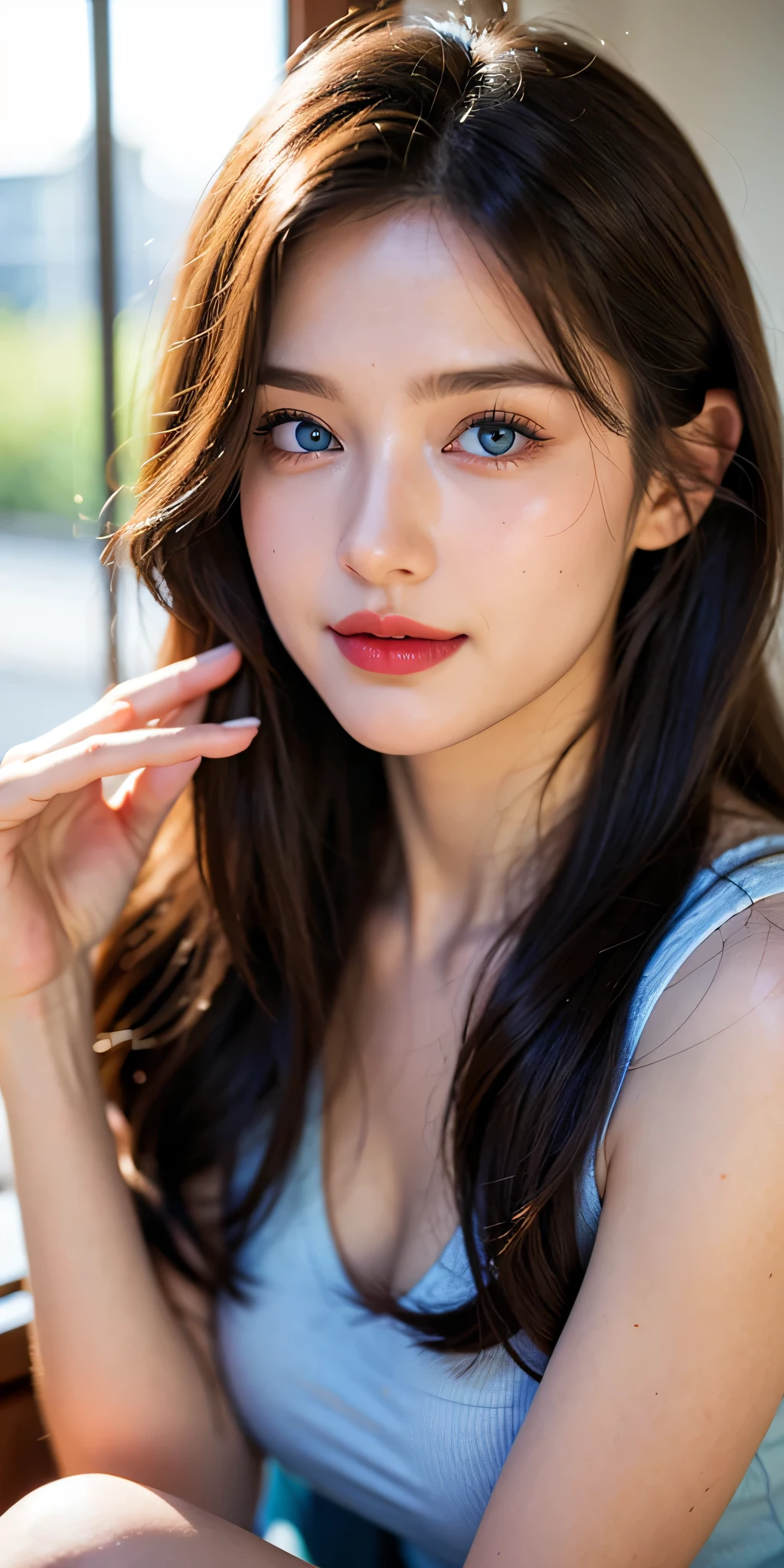 highest quality, ultra high resolution, (realistic:1.4), blue eyes, looking at the viewer, blush, red lips, Capture your face from the front, so beautiful, a little smile,