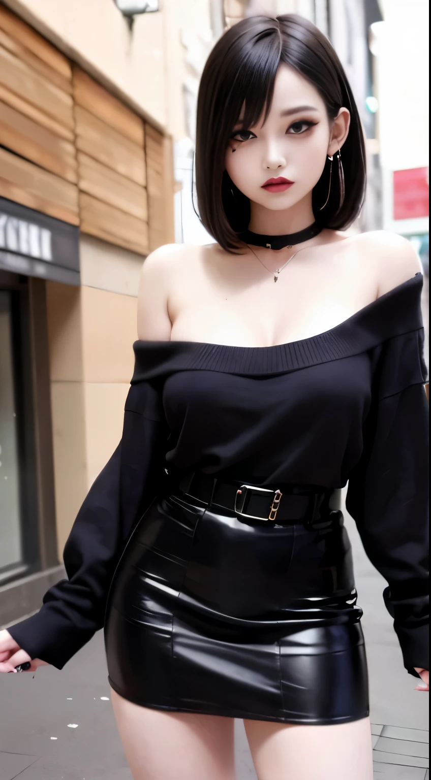 4k-ultra sharp、highest quality, masterpiece, ultra high resolution, (reality: 1.4),  1 girl, purple eyes, Off-the-shoulder sweater dresses, cinematic lighting、purple and black hair、(mine girl、goth makeup、mine makeup)、(Pierced ears、big breasts、Oversized black T-shirt with open shoulders、dark mini skirt)、((dark makeup、oil skin,sparkling skin、realistic skin texture、detailed beautiful skin、shiny skin)), dark downtown area at night、kabukicho、Dark Cyberpunk、(full shot:1.8)、thin legs、thin arms、thin shoulders、thin waist、slender body、big breasts、whole body