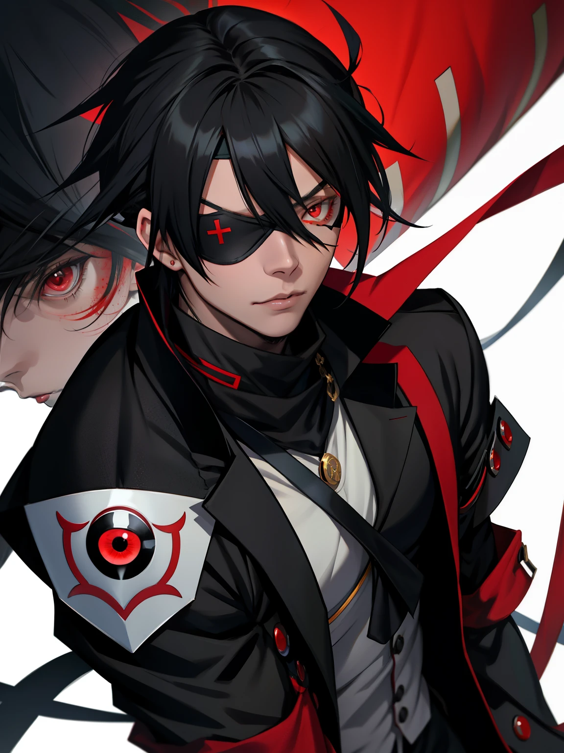 (((red eyes and one black))), (((yuta okkotsu hair))), ((eye patch)), olho preto Homem alto de anime com olhos vermelhos, Yato Noragami, Yuta Okkotsu, Roupas Escuras, Toji Fushiguro, Fushiguro Toji, cabelo preto, Fushiguro Megumi, preto acionar estilo de arte de anime, ele tem cabelos escuros