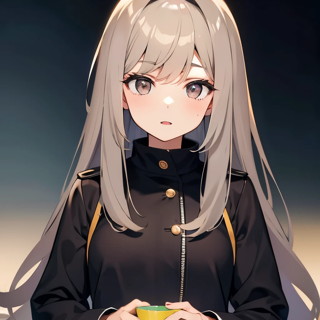 Girl, long brown hair, gray eyes, sharp features, white skin