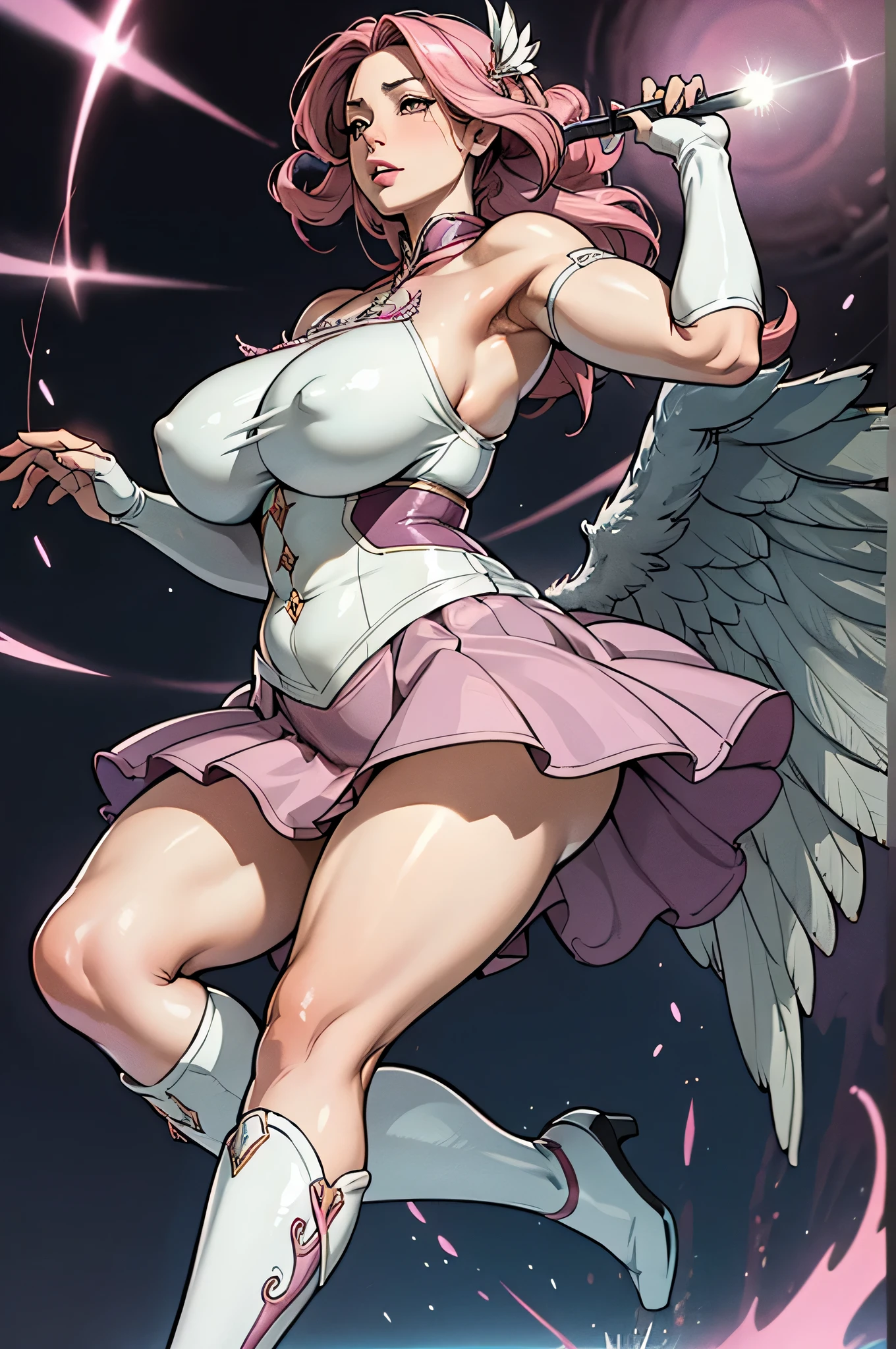 （mother）， 40 years, mature woman, mature woman, Adult face, mature face, (（（super giant breasts））)， (（（super giant ass））)， (（（super gigantic thighs））), fat belly, (Married woman)， Brown eyes, A woman has small wrinkles under her eyes, Pink lips，pink hair, maho shoujo hairstyle, (Create a great atmosphere)， Mom With Big Breastahou Shoujo pink dress, Mahou Shoujo short dress, Panties under the skirt are visible, Visible areolas, her dress is too small for her, her dress gives a view of her pussy in panties, Visible areolas, Perfect flesh, (One, full figure), Full of texture, Hot rendering, Immersive visual pleasure，((Best quality)), ((the masterpiece)),maximum resolution、Multilayer textures ，ultra - detailed， Illustration，（super detailed face)，（this is the perfect face）， finely detailed textures， Ultra HD display with detail， excellent image quality，High-quality Illustrations，Perfect fit and harmonious tones.，deep lines，Precise strokes，A strong sense of three-dimensionality，Delicate wearing feeling，Wonderful color scheme，complex parts