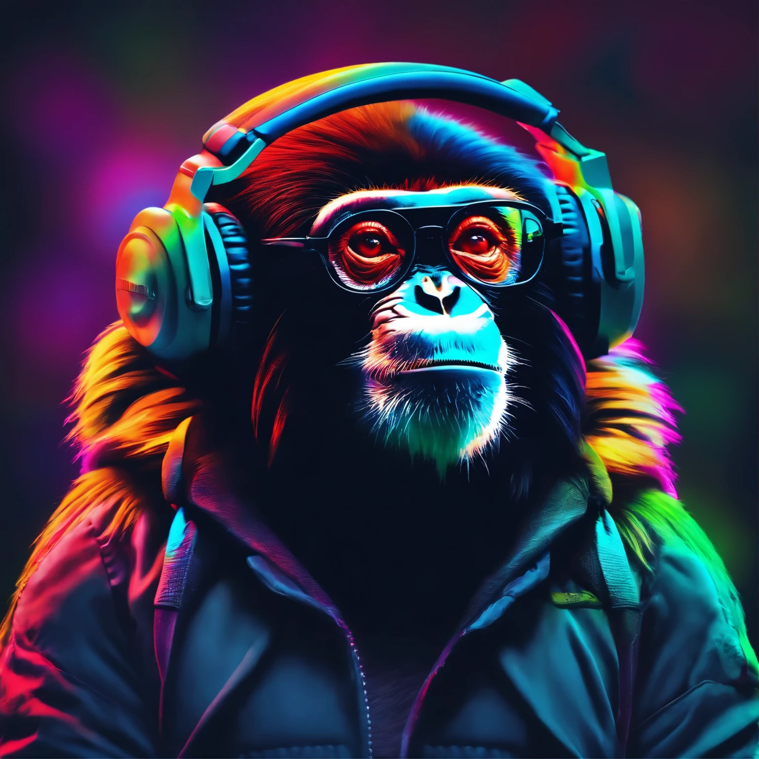 Make an profile image for Instagram page, the only monkey face looking in front with cool colourfull future glasses and headphones with stuffs floting in background like computer laptop, only colour is blue, green and neon colours