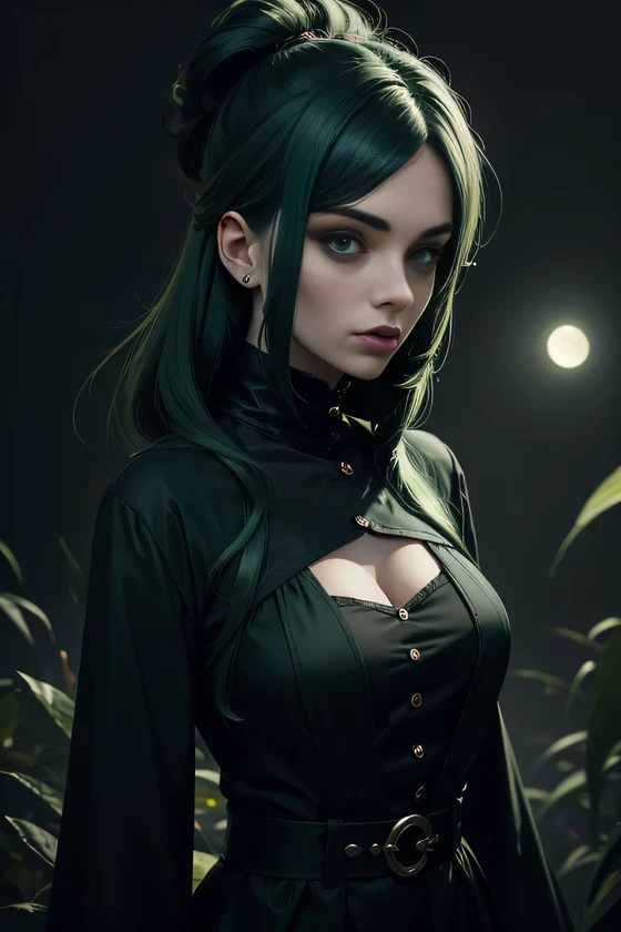 woman with dark green hair , wearing dark green and black outfit , with moons and skull patter