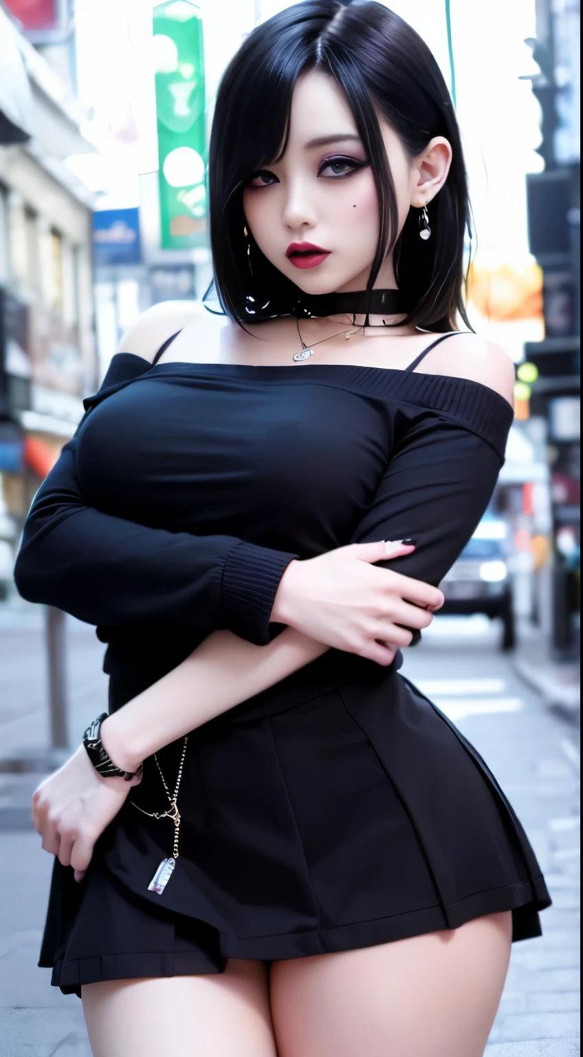 4k-ultra sharp、highest quality, masterpiece, ultra high resolution, (reality: 1.4),  1 girl, purple eyes, Off-the-shoulder sweater dresses, cinematic lighting、purple and black hair、(mine girl、goth makeup、mine makeup)、(Pierced ears、big breasts、Oversized black T-shirt with open shoulders、dark mini skirt)、((dark makeup、oil skin,sparkling skin、realistic skin texture、detailed beautiful skin、shiny skin)), dark downtown area at night、kabukicho、Dark Cyberpunk、(full shot:1.8)、thin legs、thin arms、thin shoulders、thin waist、slender body、big breasts、whole body