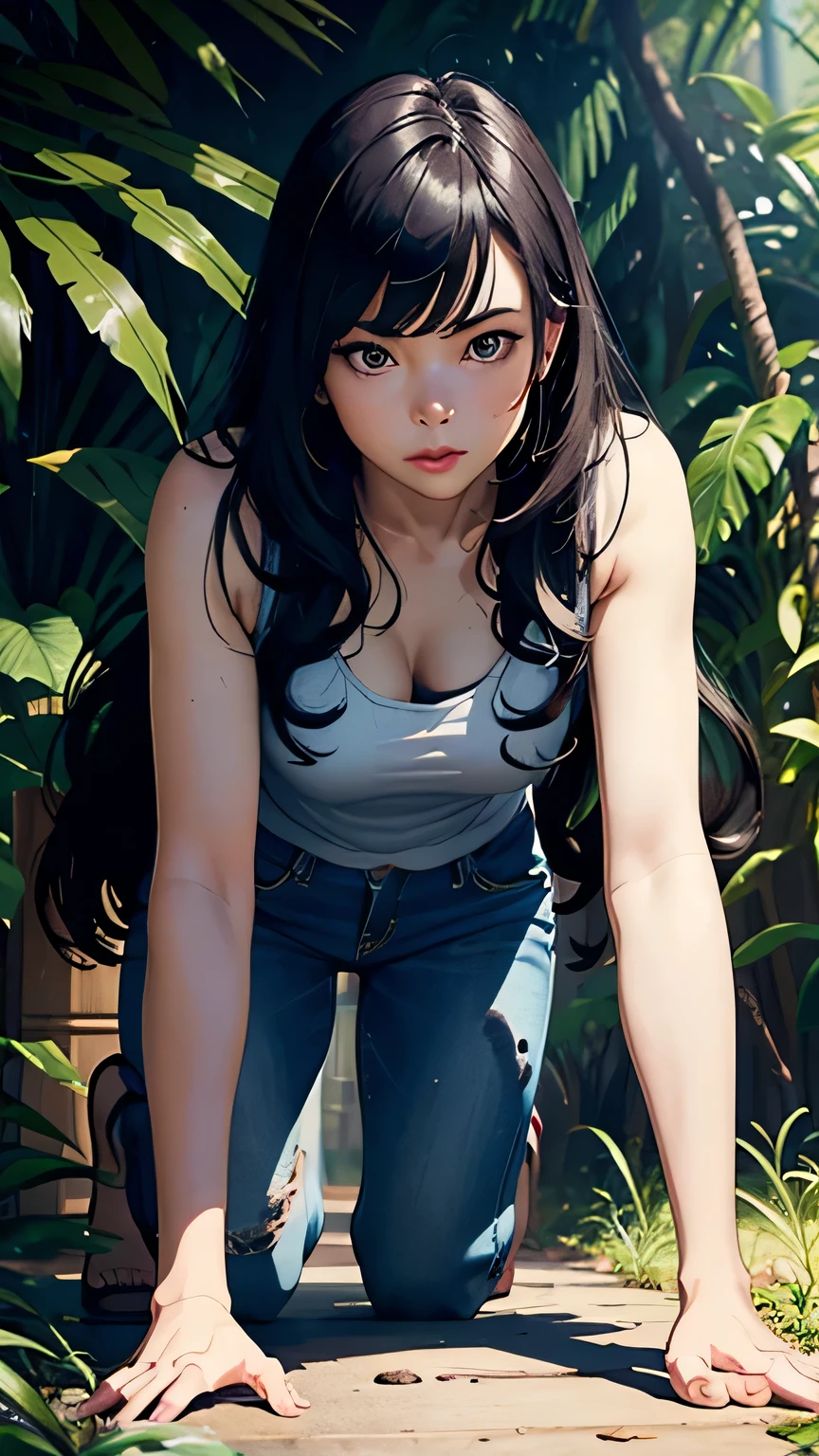 big plans, Beautiful woman in thumb art style, Written by Jeremy Mann, Written by Sandra Chevrier, dave mckean、Written by Richard Avedon、Written by Maciej Cuchara, white tank top and jeans, detailed, 8k、with detailed eyes、long wavy hair、masterpiece, 最high quality, high quality, High resolution, (jungle background)、crawl on all fours