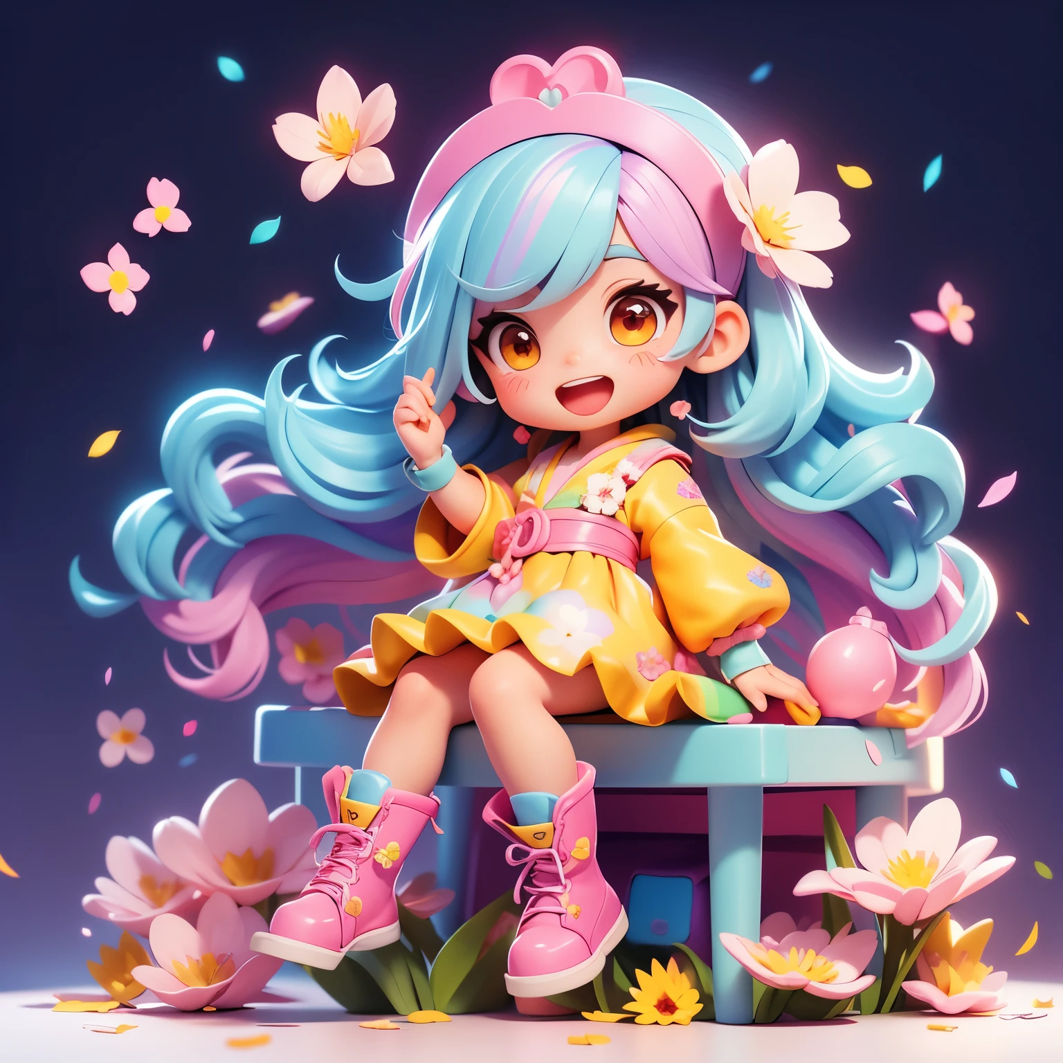 sitting at desk、 girl in,whole body、long hair-, rainbow hair,boots,open mouth，bright smile、kawaii pose、flowing iridescent silk、face、raise your eyes、Colorcon heart pattern、floral dress、There are flowers even in front of me、Sakura petals、season!!: spring☀ 🍂，Doing handicrafts