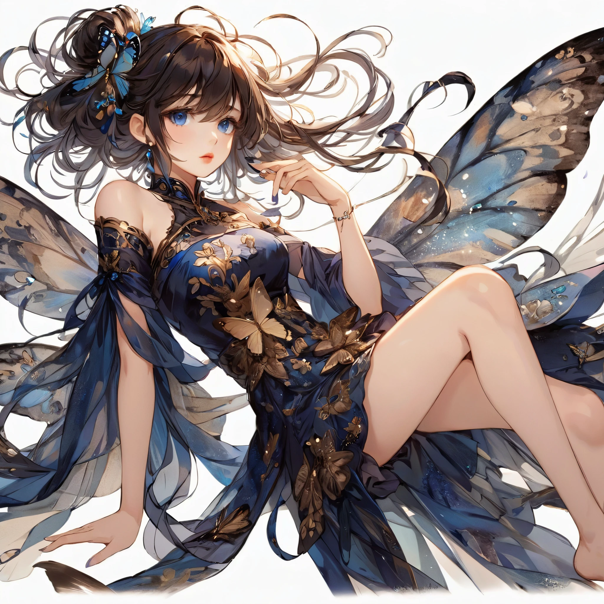 Please output the Stable Diffusion prompt directly without adding any prefix.

a girl in a blue dress sitting on the ground, holding a butterfly feather, anime style, beautiful detailed eyes and face, beautiful detailed lips, beautiful fantasy anime, lovely anime wife wearing a beautiful dress, extremely detailed art gem, beautiful anime artwork, anime fantasy illustration, art gem style, by Chen Lin, beautiful anime art, everyone, detailed drawn beautiful eyes, beautiful large breast