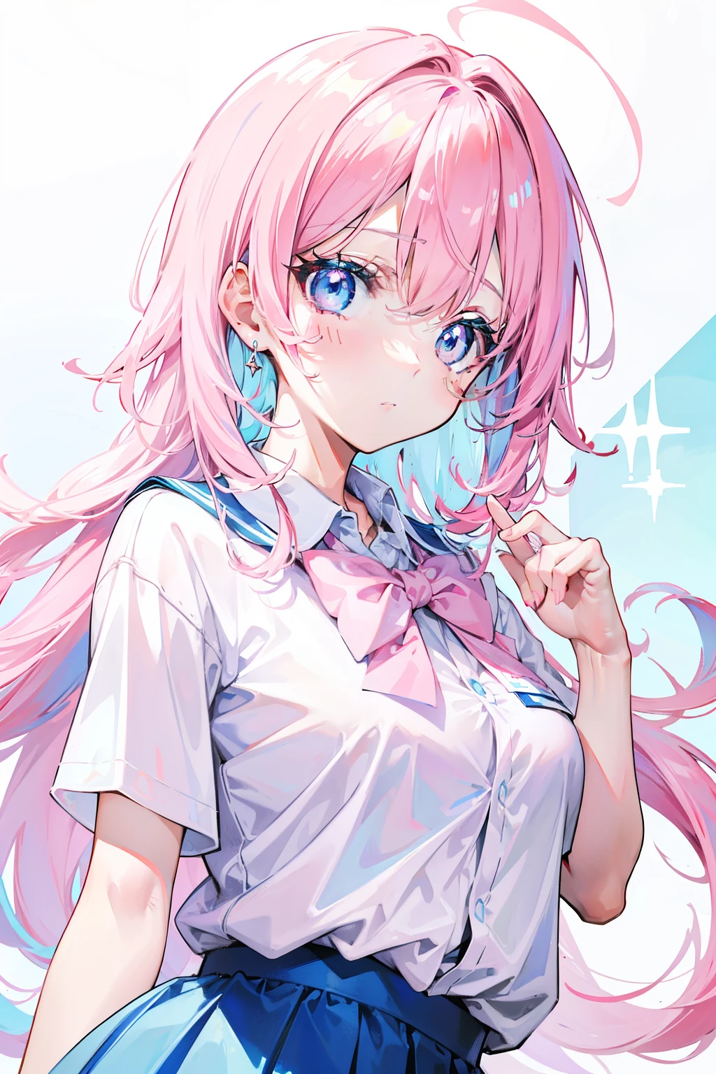 light pink colored hair,Powder-blue pupils,Wear a school uniform with a combination of pink and blue,Milky ,super beautifulgirl
