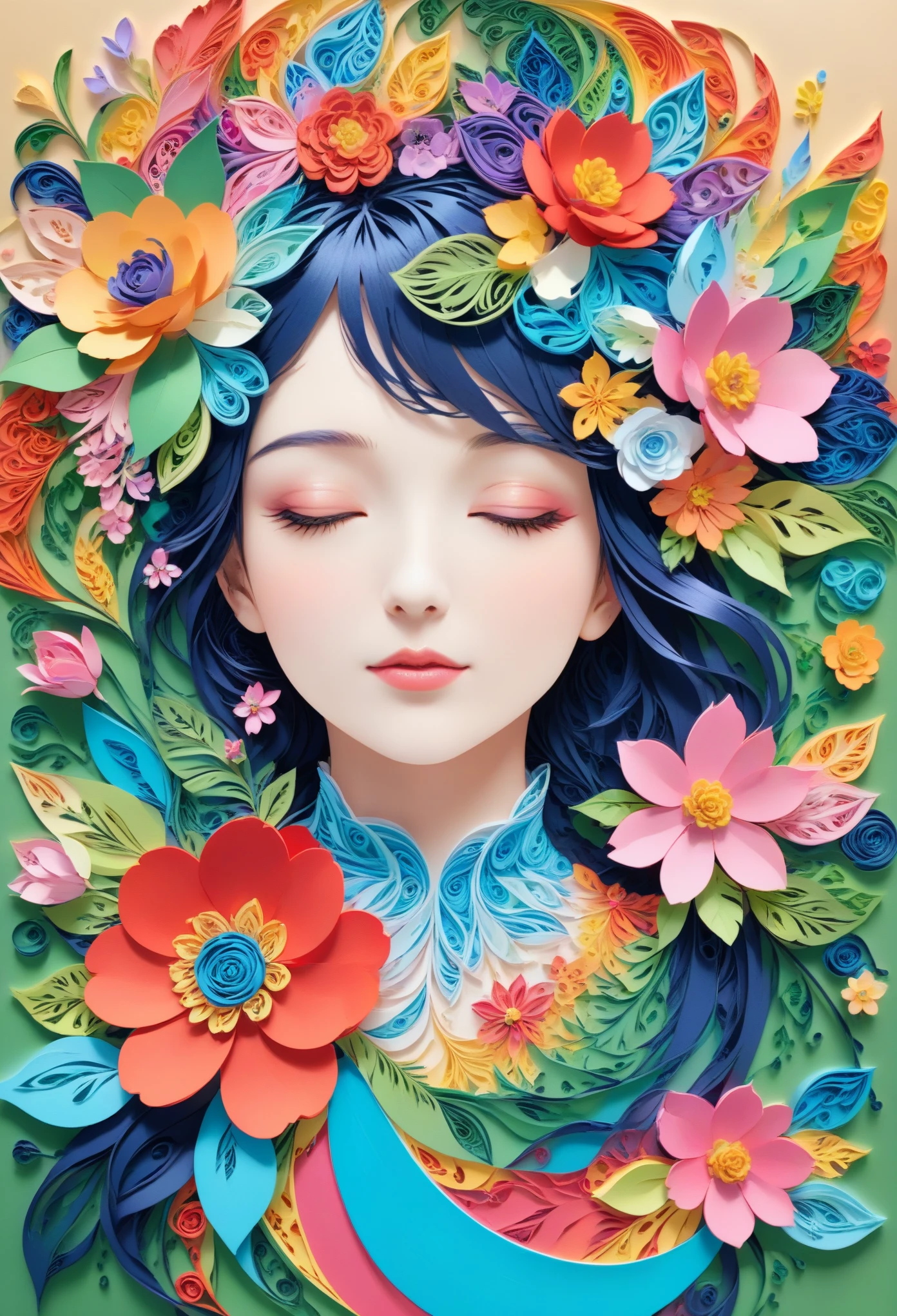 (paper art,layered paper art,paper quilling,paper-cut,paper sculpture),zentangle，Spring，(Beauty side face,close eyes:1.3)，(flower:1.2), Colorful