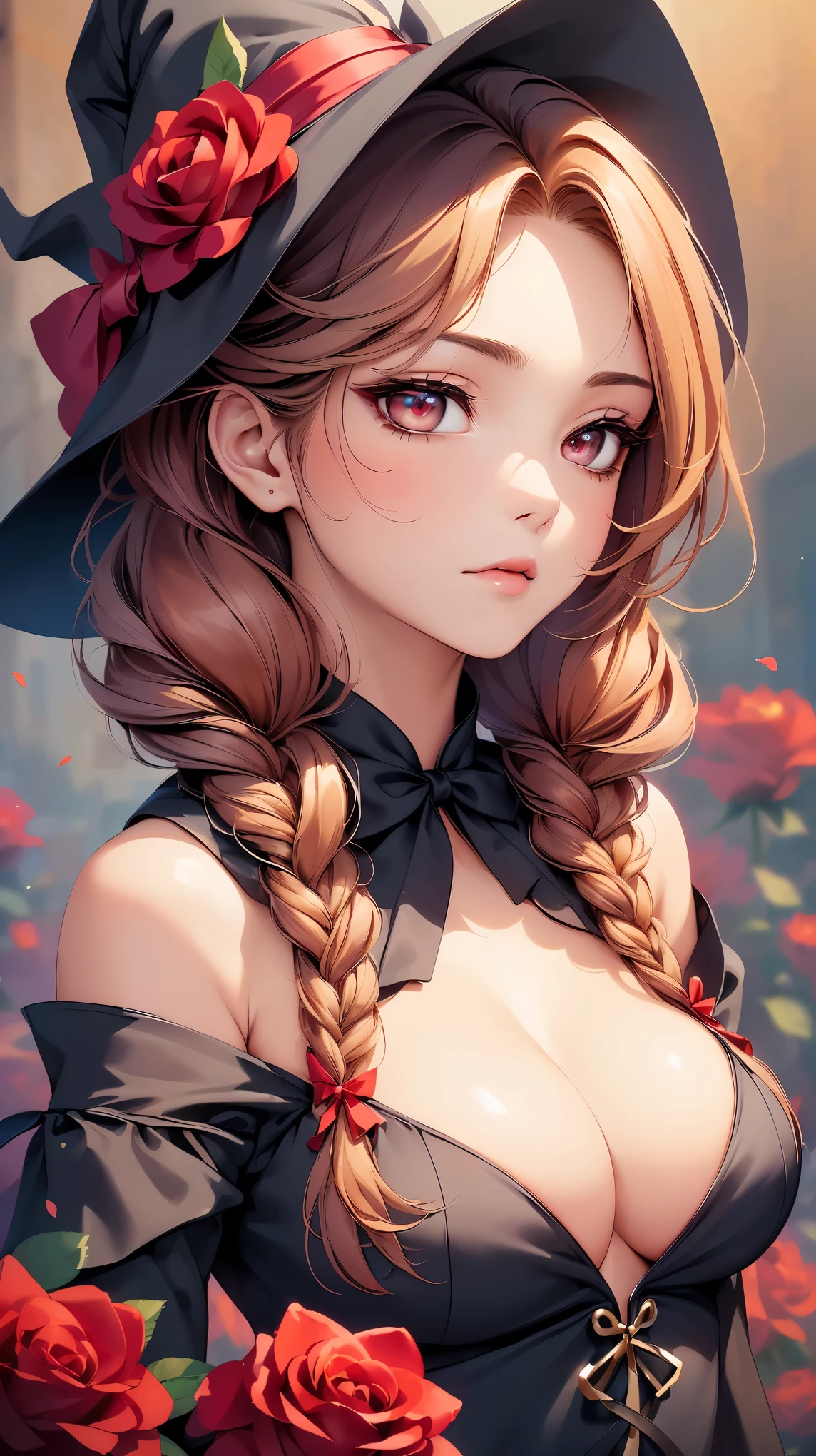 NSFW, (8k, RAW photo, 最high quality, masterpiece:1.2), High-definition RAW color photo, Professional photo shoot, cinematic light, alone, (((young woman))), (detailed expression), (small face), (high detail skin:1.2), clavicle, cute face, beautiful appearance, long eyelashes, (Red hair, braided hair, single hair intake, golden eyes), ((black ribbon)), attractive big breasts, (slim body shape:1.4, A woman with a slender figure and big breasts), very detailed顔と肌の質感, fine eyes, double eyelid, Big breasted woman in a witch's hat and dress、pretty witch、beautiful witch、surrounded by flowers、Playful anime witch casting spells、lewd witch、Beautiful seductive woman、(((Red roses fill the background;1.5、light background))), (((face close up shot:1.5))), (off shoulder dress, I can see the cleavage), divided sleeves, beautiful and attractive anime girl、beautiful skin, shiny skin, perfect fingers, five fingers, anatomically correct, background bokeh, high quality, surreal, bright colors, ((nikon, 135㎜, f/1.8, very detailed, photo shoot)),