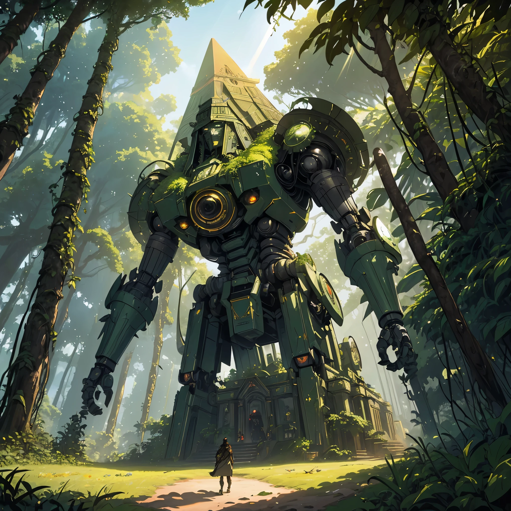 (a massive pyramid,naturalistic,overgrown with foliage),giant mecha of an Aztec god,figs,vines,jungle,ancient civilization,imposing presence,cryptic symbols,impressive engineering,complex machinery,detailed gears and joints,weathered metal and stone,concealed power source,moss-covered surfaces,mysterious atmosphere,ancient technology merging with nature,rays of sunlight piercing through the foliage,heavy footsteps signaling its movement,shadowy corners and hidden passages,ancient artifacts scattered around,exotic flora and fauna,gold accents glinting in the sunlight,sound of buzzing insects and chirping birds echoing in the distance,imposing and awe-inspiring,mixture of mythology and futuristic technology,rich color palette,high contrast lighting,ethereal and surreal,hints of supernatural power,immense scale and grandeur.(best quality,highres,ultra-detailed,photorealistic), Aztec god mecha emerging from the jungle-covered pyramid.