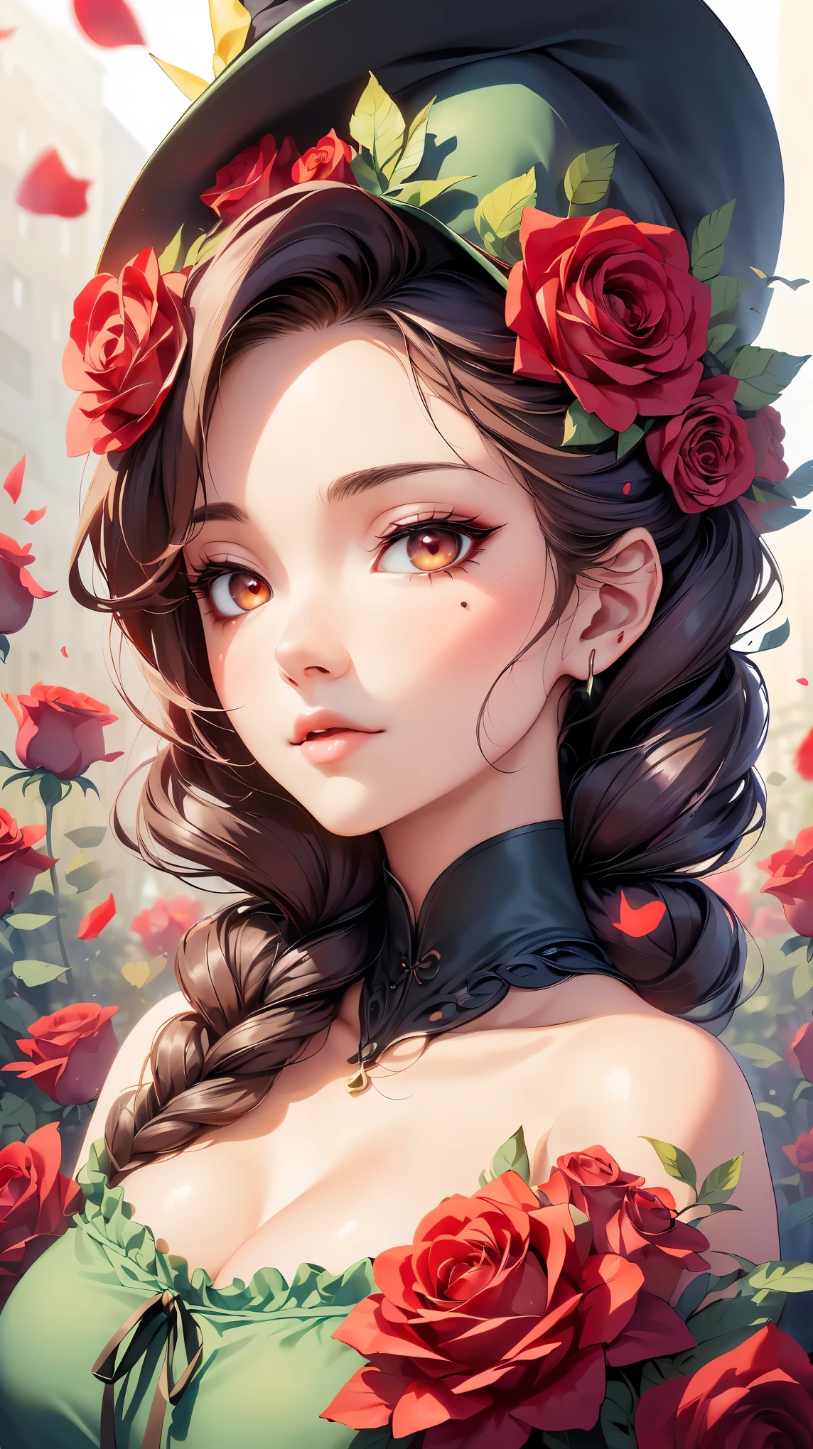 NSFW, (8k, RAW photo, 最high quality, masterpiece:1.2), High-definition RAW color photo, Professional photo shoot, cinematic light, alone, (((young woman))), (detailed expression), (small face), (high detail skin:1.2), clavicle, cute face, beautiful appearance, long eyelashes, (Red hair, braided hair, single hair intake, golden eyes), ((black ribbon)), attractive big breasts, (slim body shape:1.4, A woman with a slender figure and big breasts), very detailed顔と肌の質感, fine eyes, double eyelid, Big breasted woman in a witch's hat and dress、pretty witch、beautiful witch、surrounded by flowers、Playful anime witch casting spells、lewd witch, dream-like, Beautiful seductive woman、(((Red roses fill the background;1.5、light background))), (((face close up shot:1.5))), (off shoulder dress, I can see the cleavage), divided sleeves, beautiful and attractive anime woman, splash ink, beautiful skin, shiny skin, perfect fingers, five fingers, anatomically correct, background bokeh, high quality, surreal, bright colors, ((nikon, 135㎜, f/1.8, very detailed, photo shoot)),