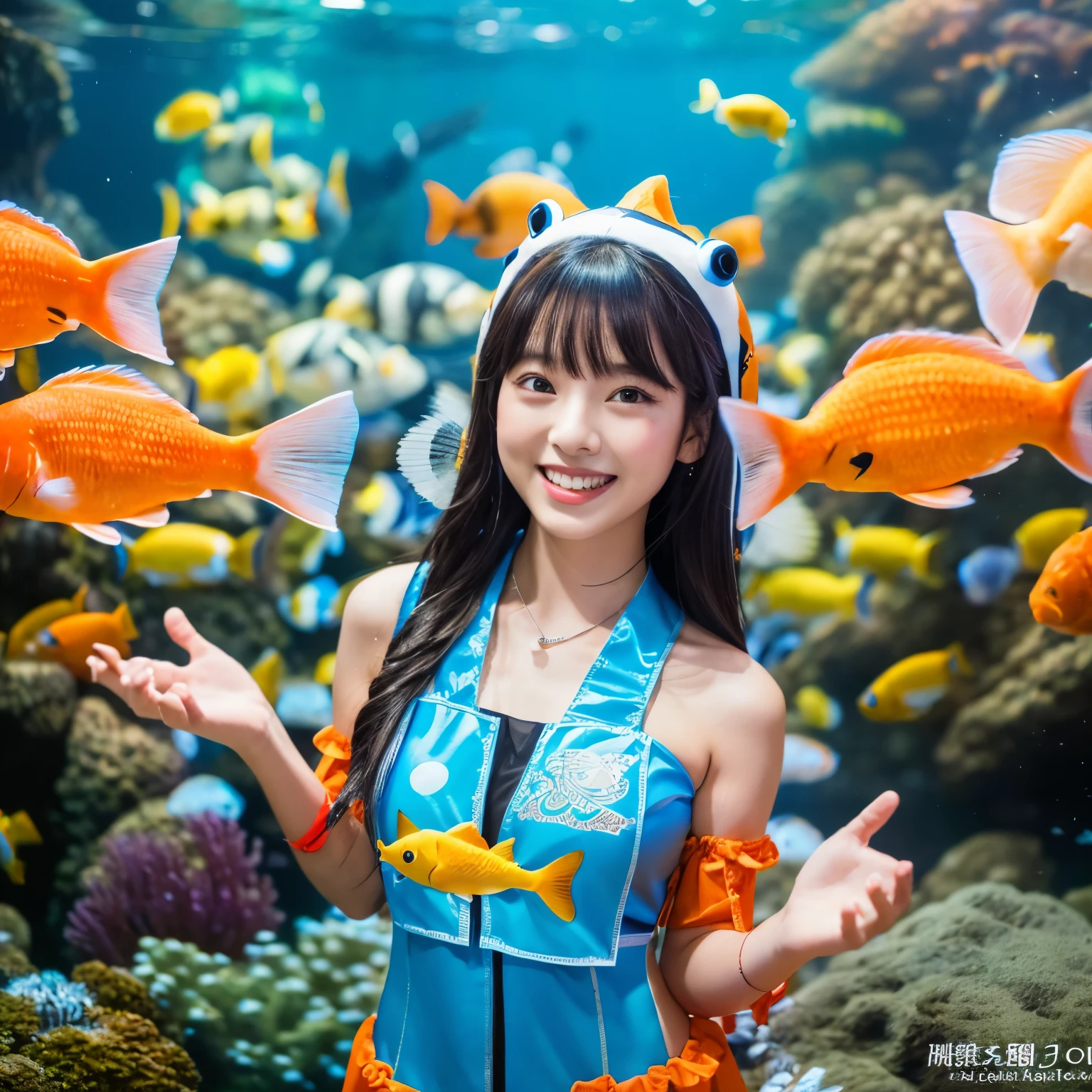 (8k、RAW photo、highest quality、masterpiece:1.2)、(realistic、Photoreal:1.35)、super detailed、超A high resolution、cinematic lighting、(((An idol who loves fish)))、(((26 year old girl in Japan)))、(((Wearing a cute swimsuit with a fish motif)))、(lots of fish:1.5)、cute smile、Fun and energetic atmosphere、dynamic angle、dynamic lighting、big chest、sexy、coastal